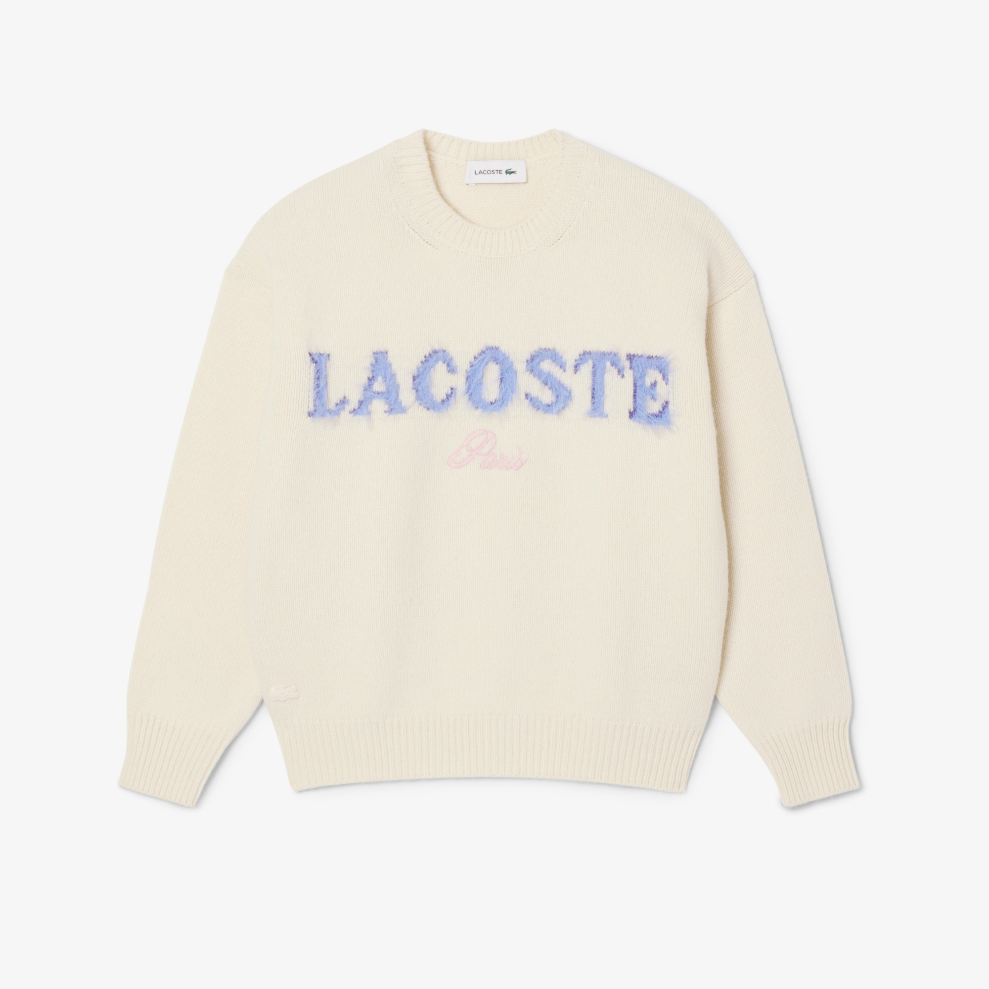 Kadın Classic Fit Bisiklet Yaka Baskılı Yün Krem Kazak