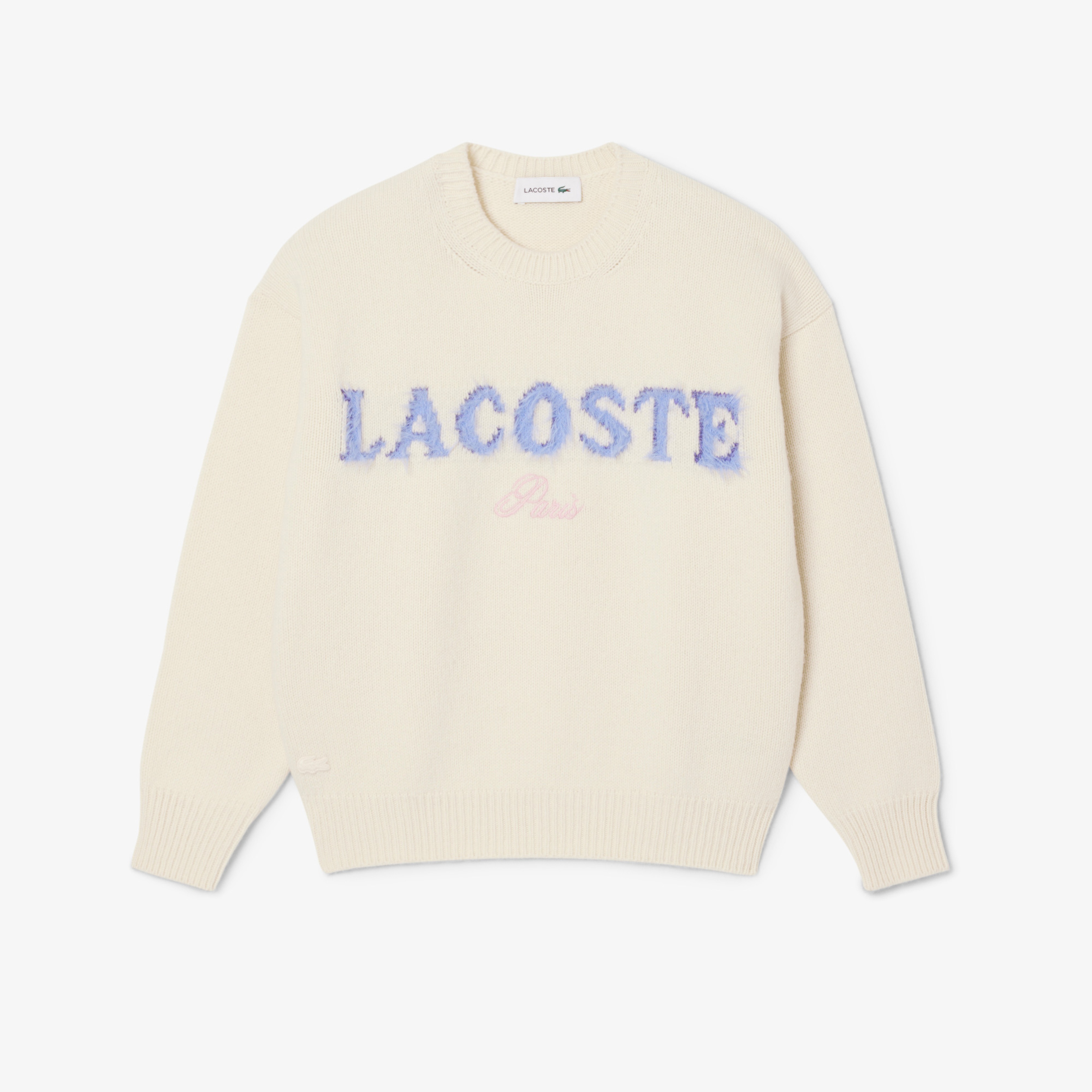 Kadın Classic Fit Bisiklet Yaka Baskılı Yün Krem Kazak