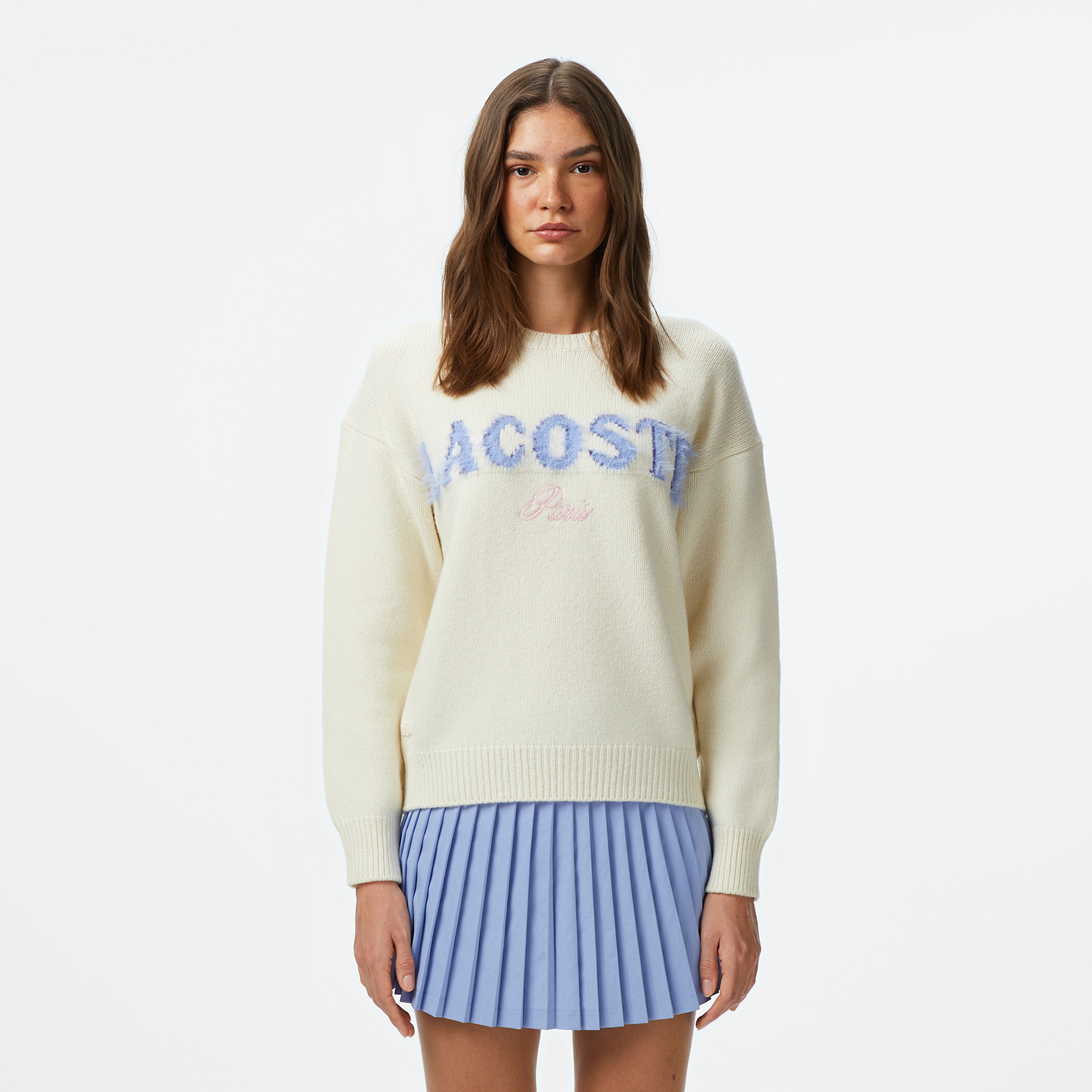 Kadın Classic Fit Bisiklet Yaka Baskılı Yün Krem Kazak