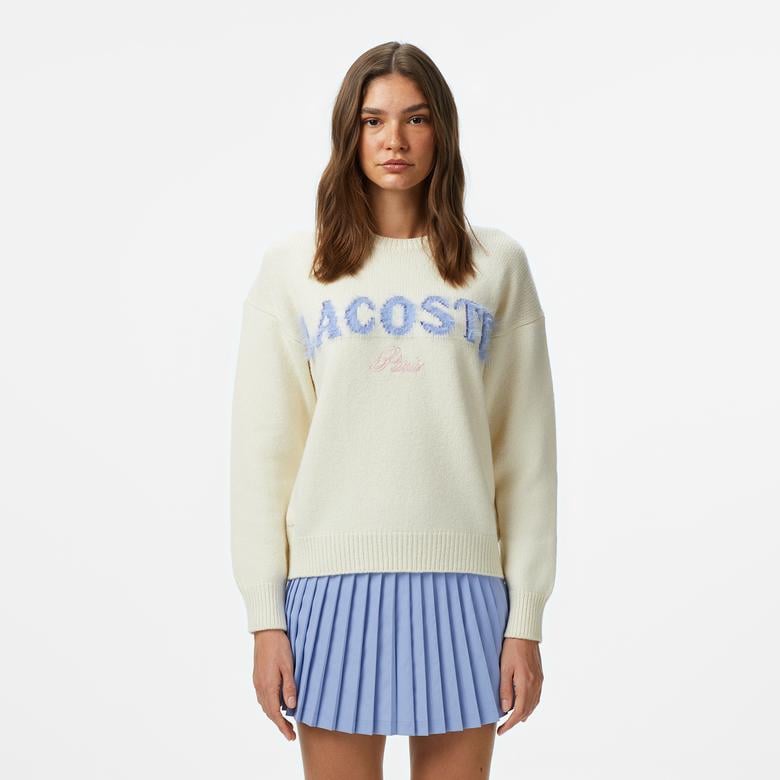 Kadın Classic Fit Bisiklet Yaka Baskılı Yün Krem Kazak