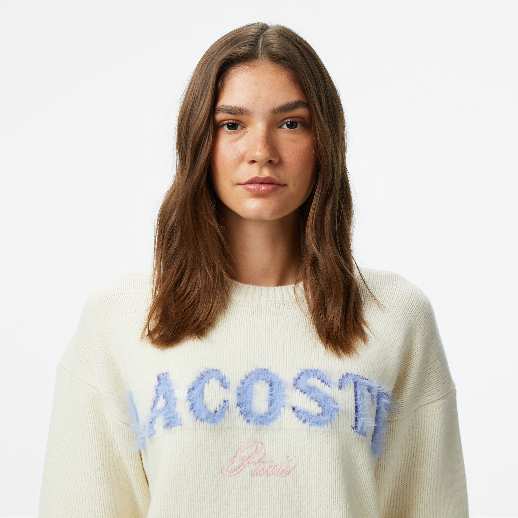 Kadın Classic Fit Bisiklet Yaka Baskılı Yün Krem Kazak