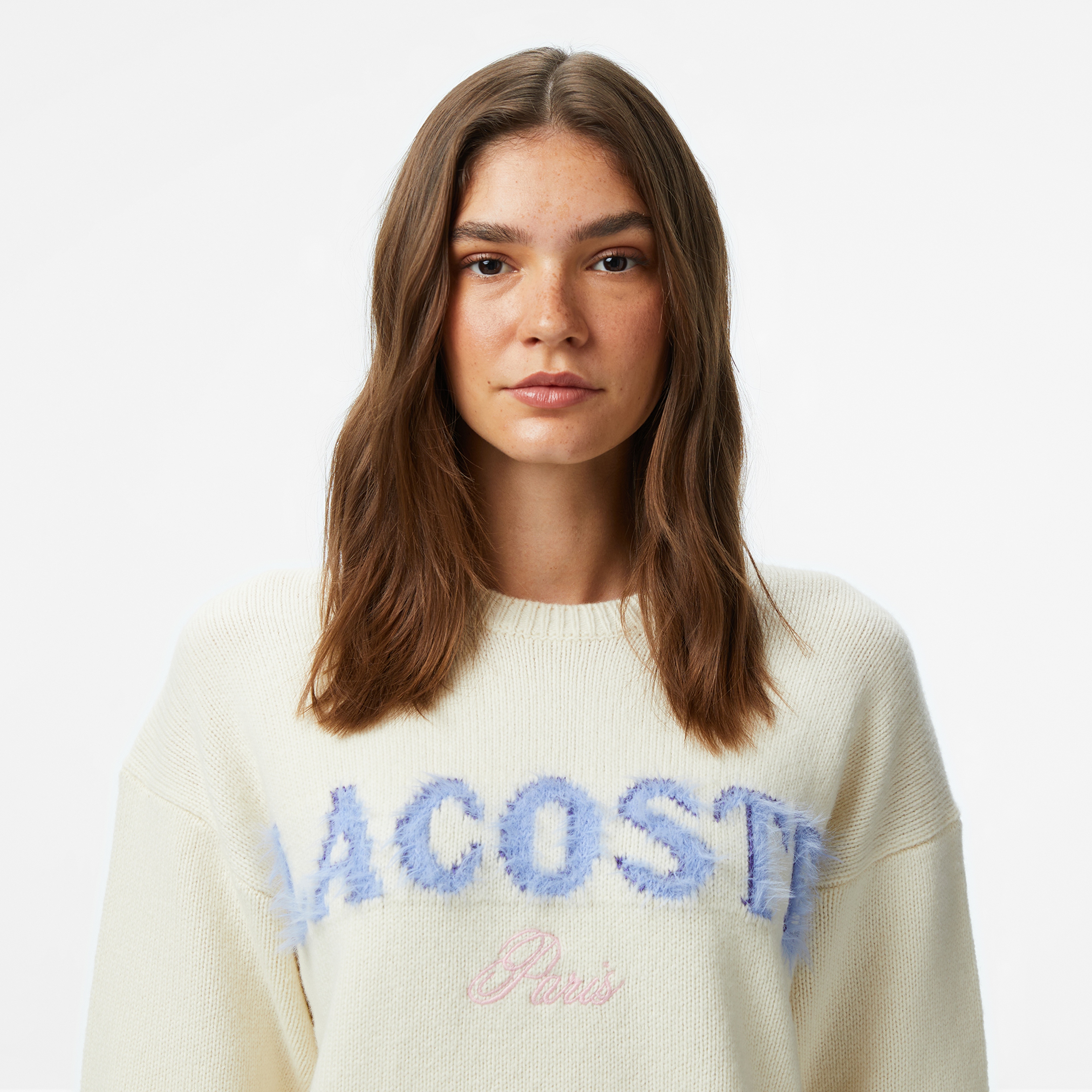 Kadın Classic Fit Bisiklet Yaka Baskılı Yün Krem Kazak