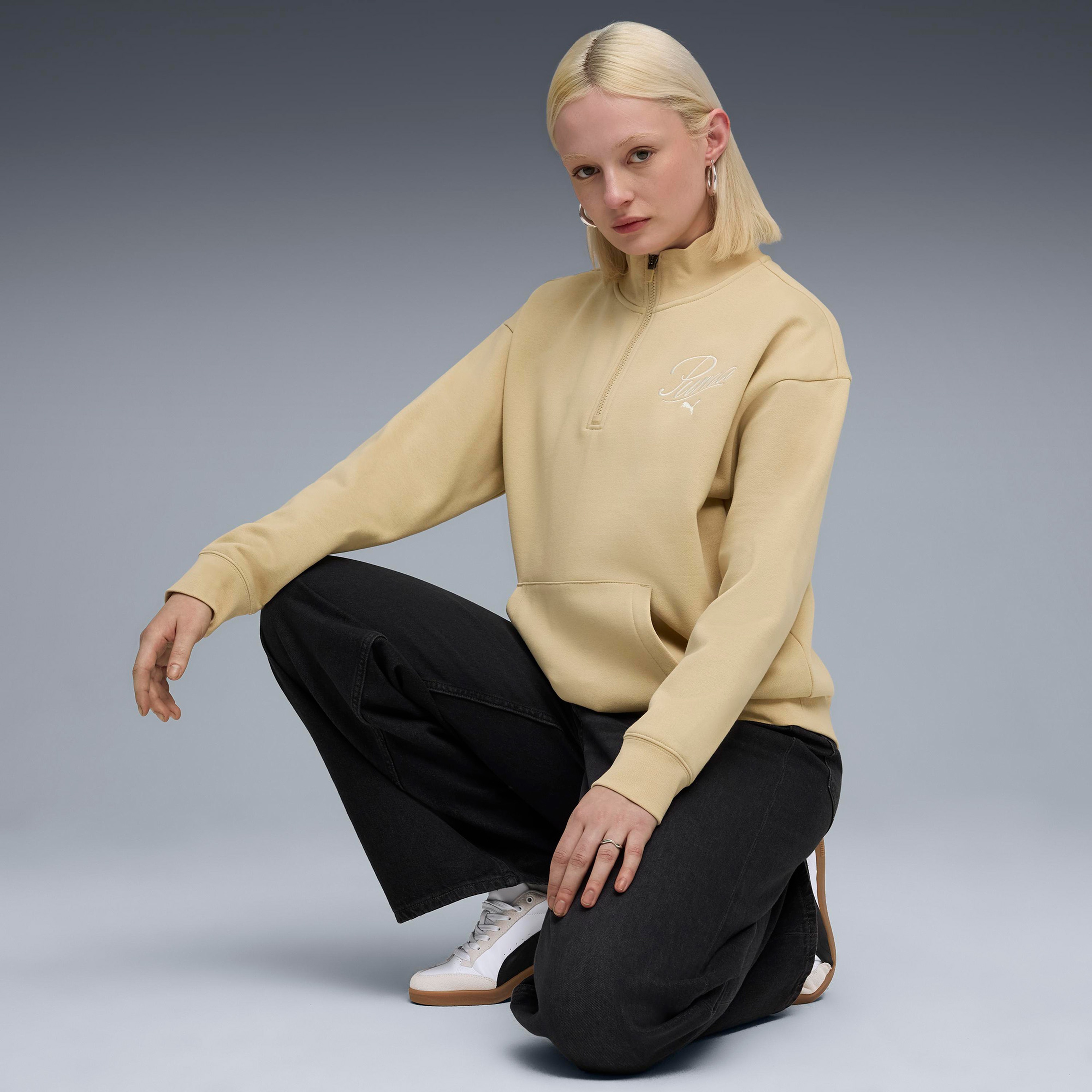 Puma Essential Script Half-Zip Crew Kadın Gri Sweatshirt