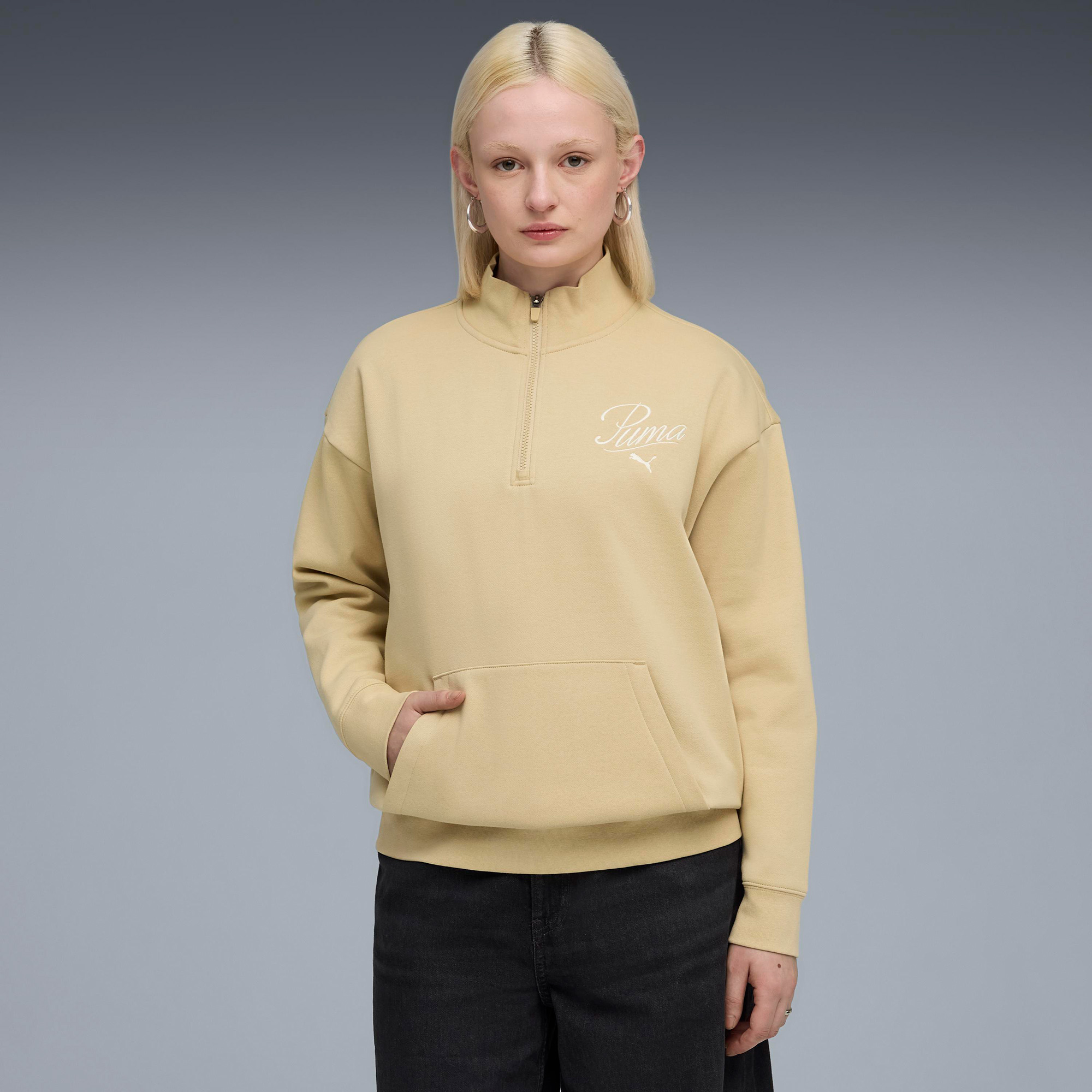 Puma Essential Script Half-Zip Crew Kadın Gri SweatshirtL688073