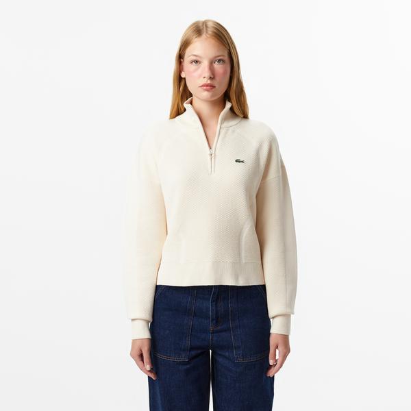 Kadın Relaxed Fit Yarım Fermuarlı Krem Kazak