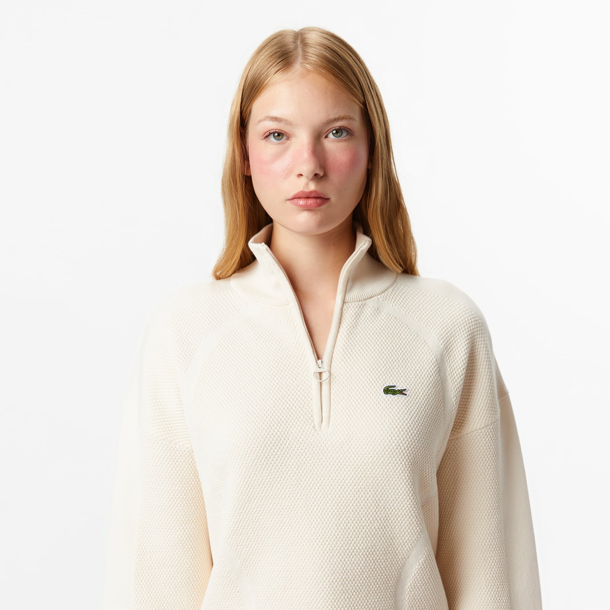 Kadın Relaxed Fit Yarım Fermuarlı Krem Kazak