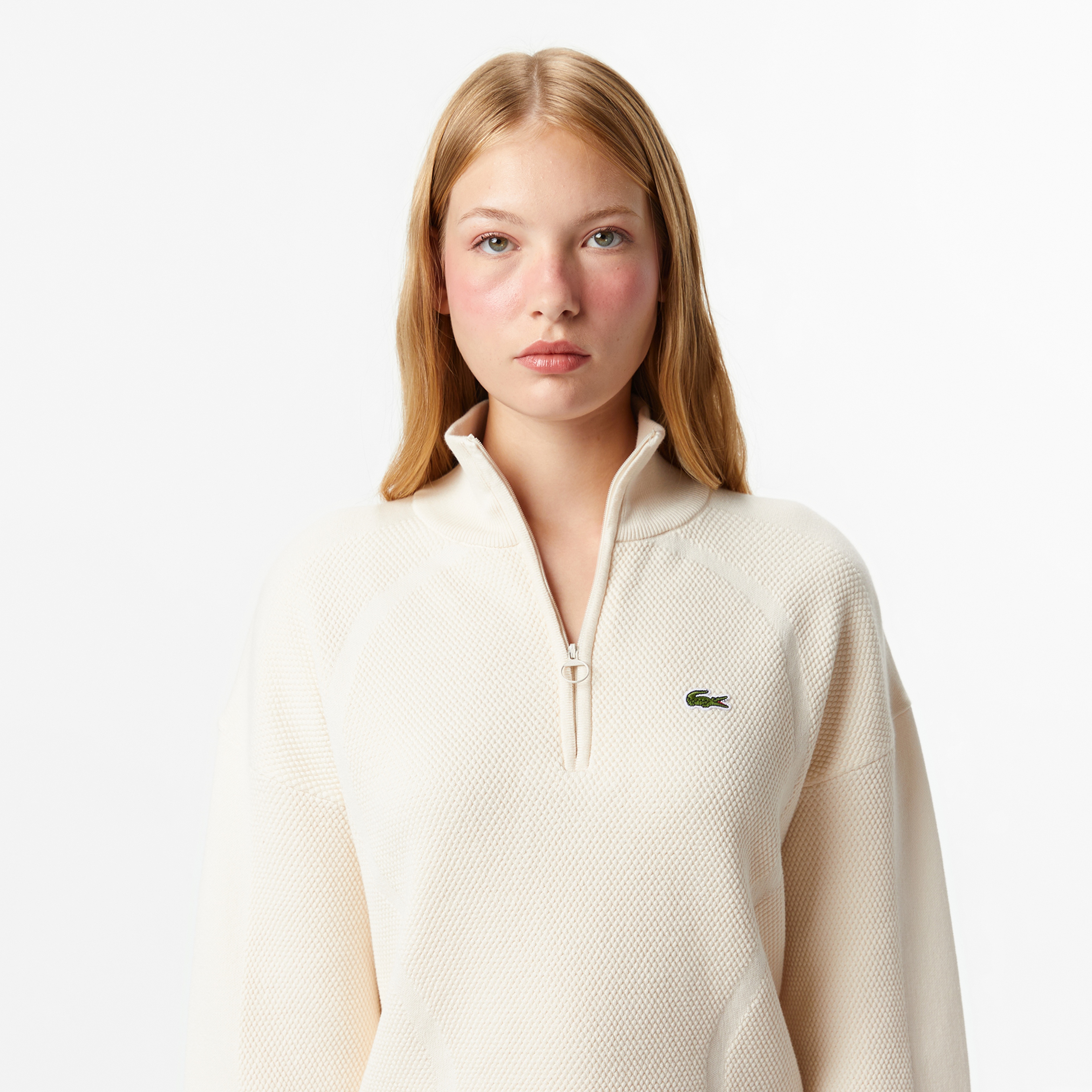 Kadın Relaxed Fit Yarım Fermuarlı Krem Kazak