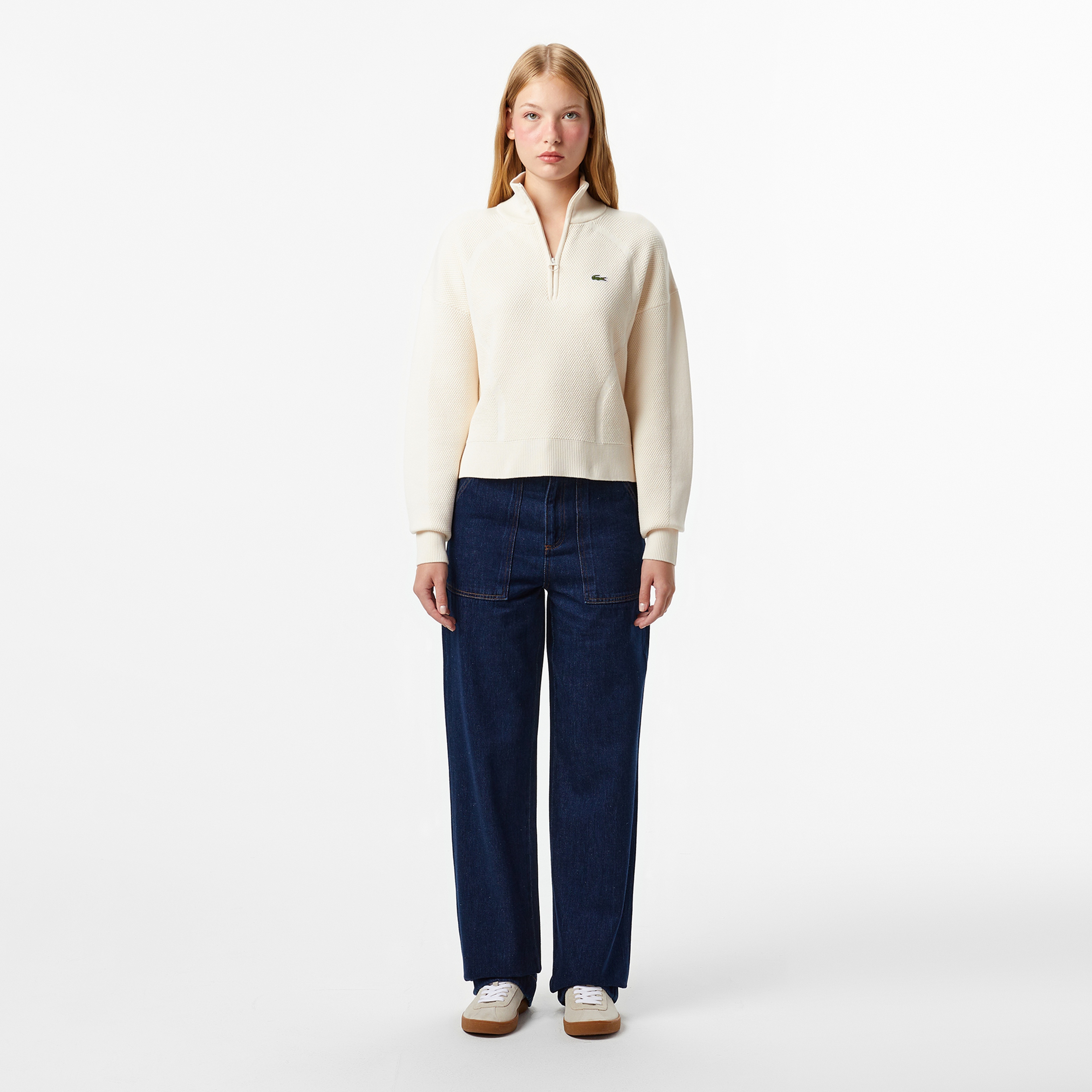 Kadın Relaxed Fit Yarım Fermuarlı Krem Kazak