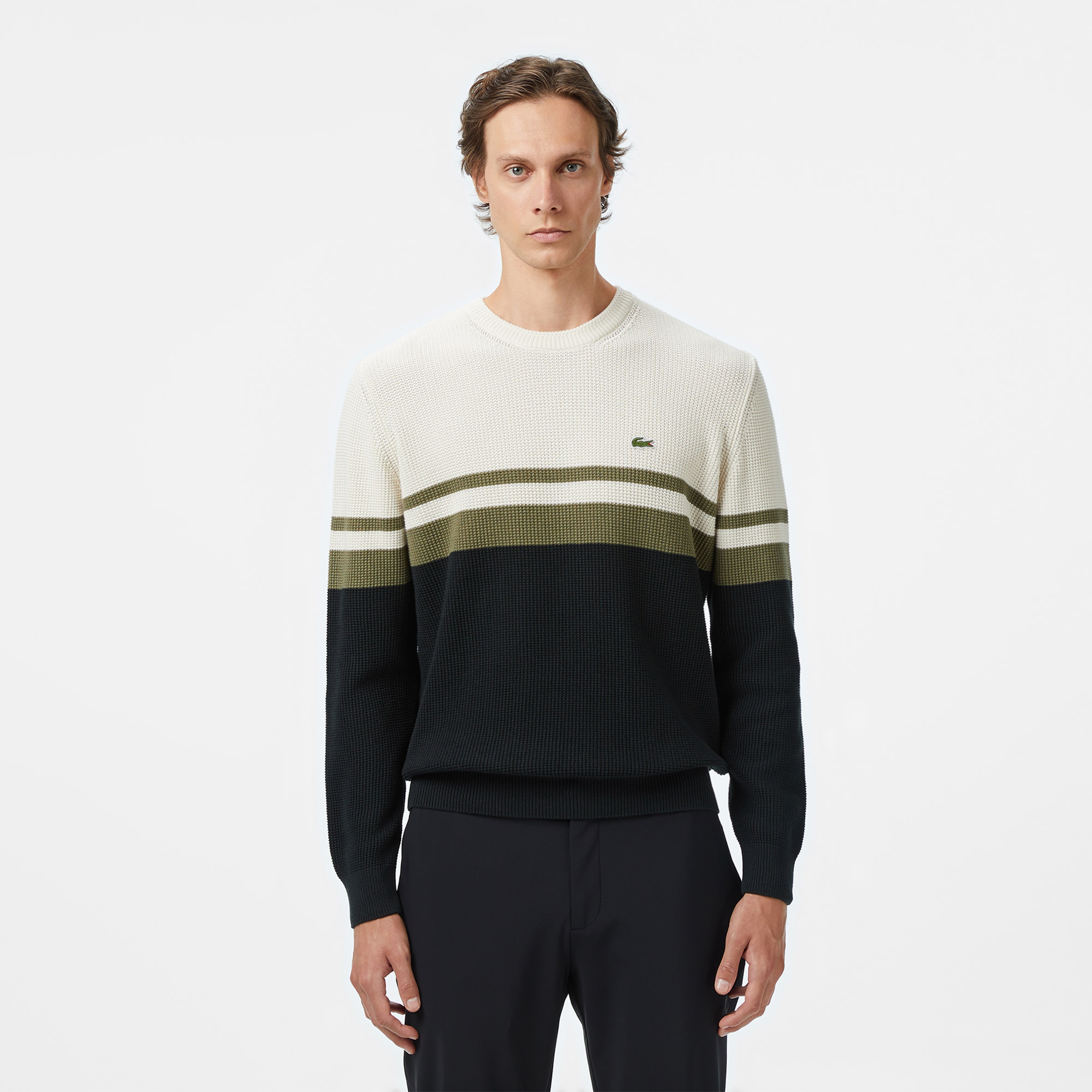 Erkek Classic Fit Bisiklet Yaka Renk Bloklu Siyah Kazak