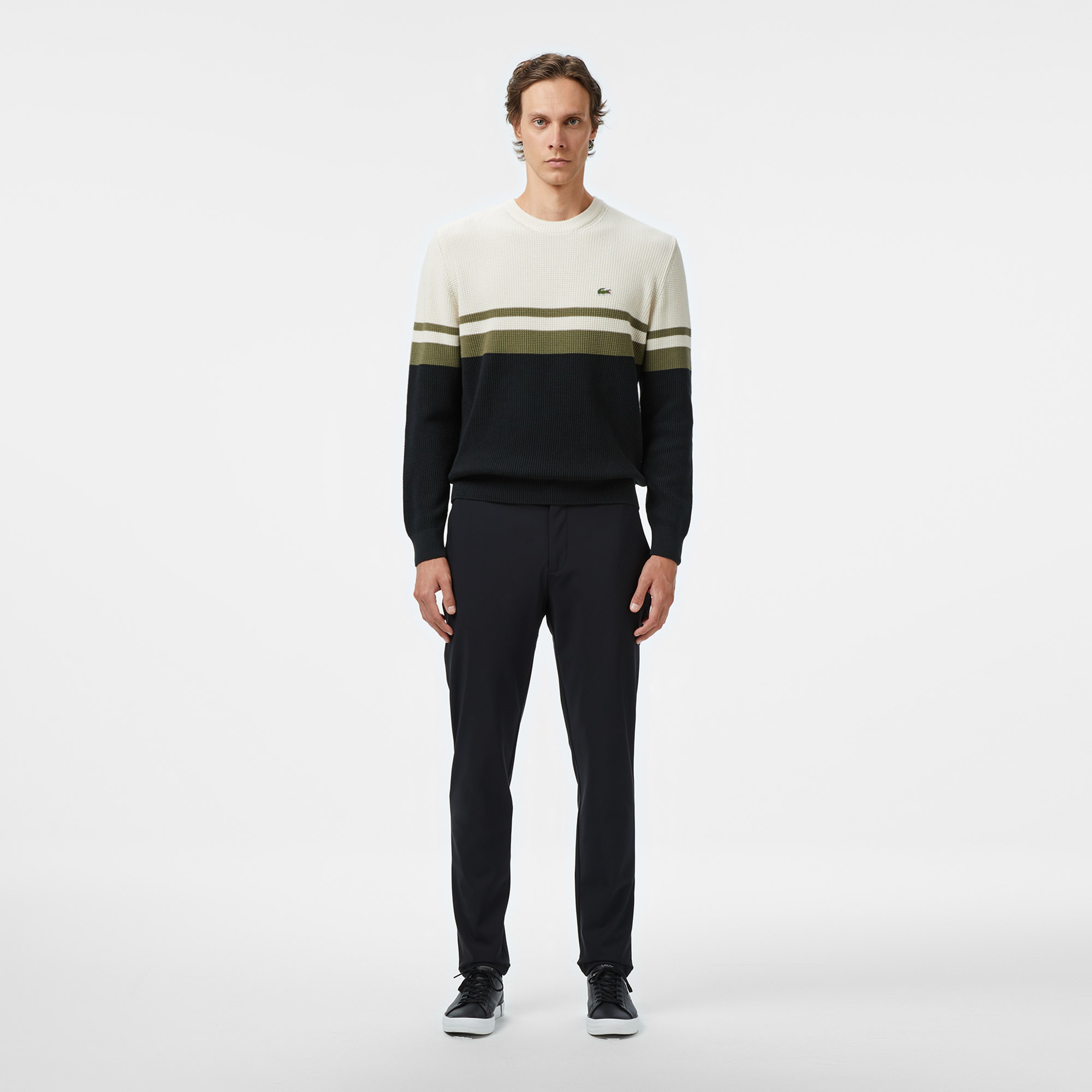 Erkek Classic Fit Bisiklet Yaka Renk Bloklu Siyah Kazak