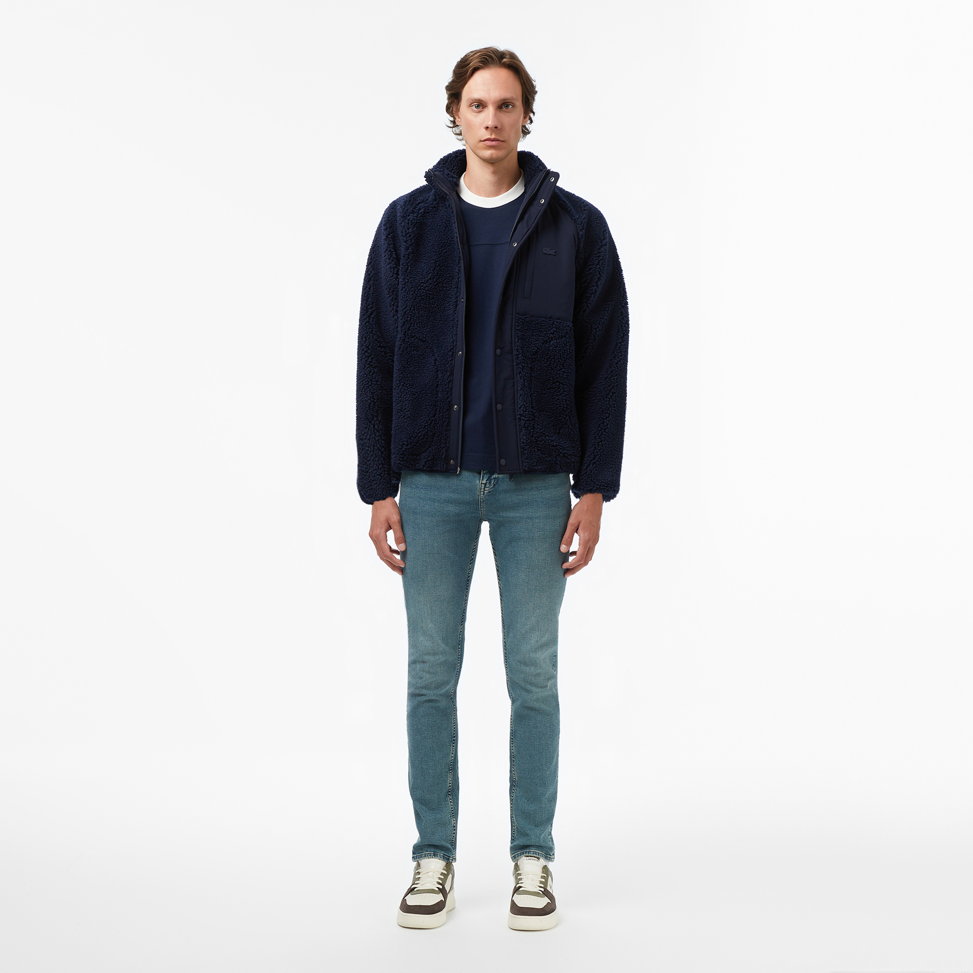 Erkek Dik Yaka Renk Bloklu Lacivert Ceket