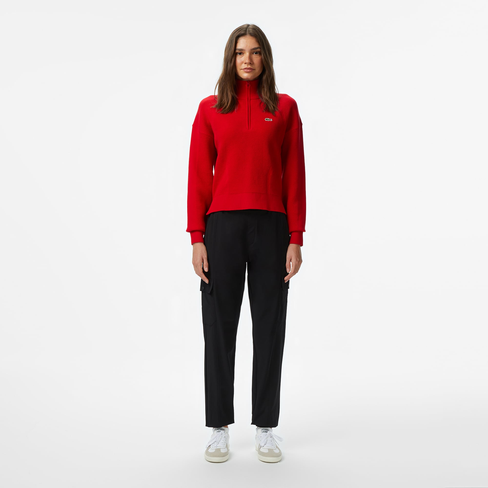 Kadın Relaxed Fit Yarım Fermuarlı Kırmızı Kazak