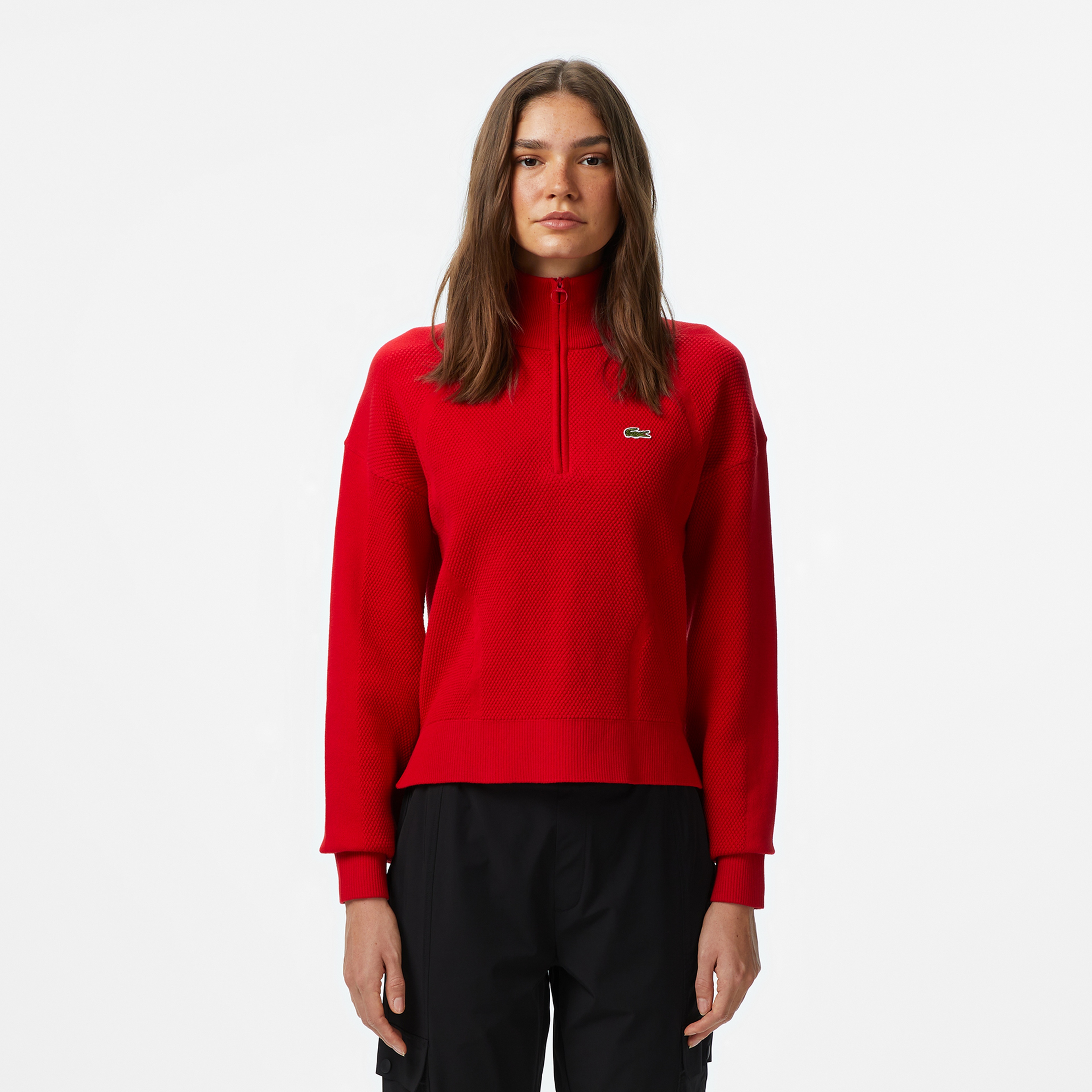 Kadın Relaxed Fit Yarım Fermuarlı Kırmızı Kazak