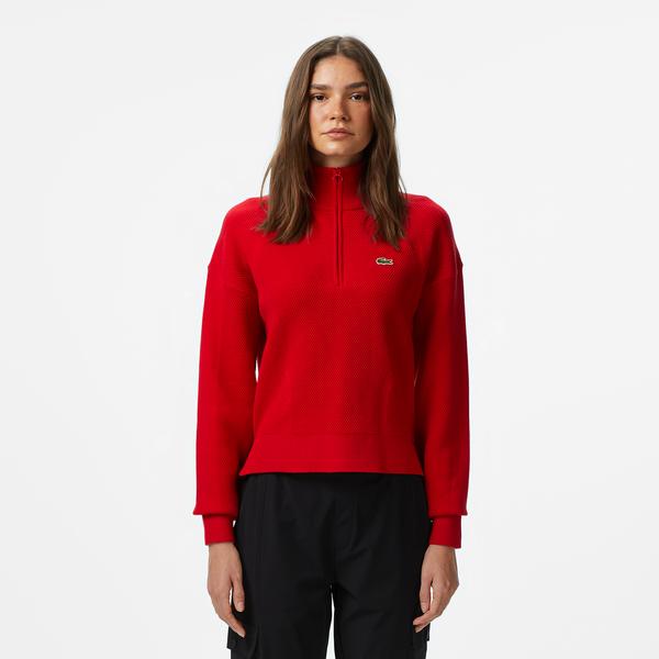 Kadın Relaxed Fit Yarım Fermuarlı Kırmızı Kazak