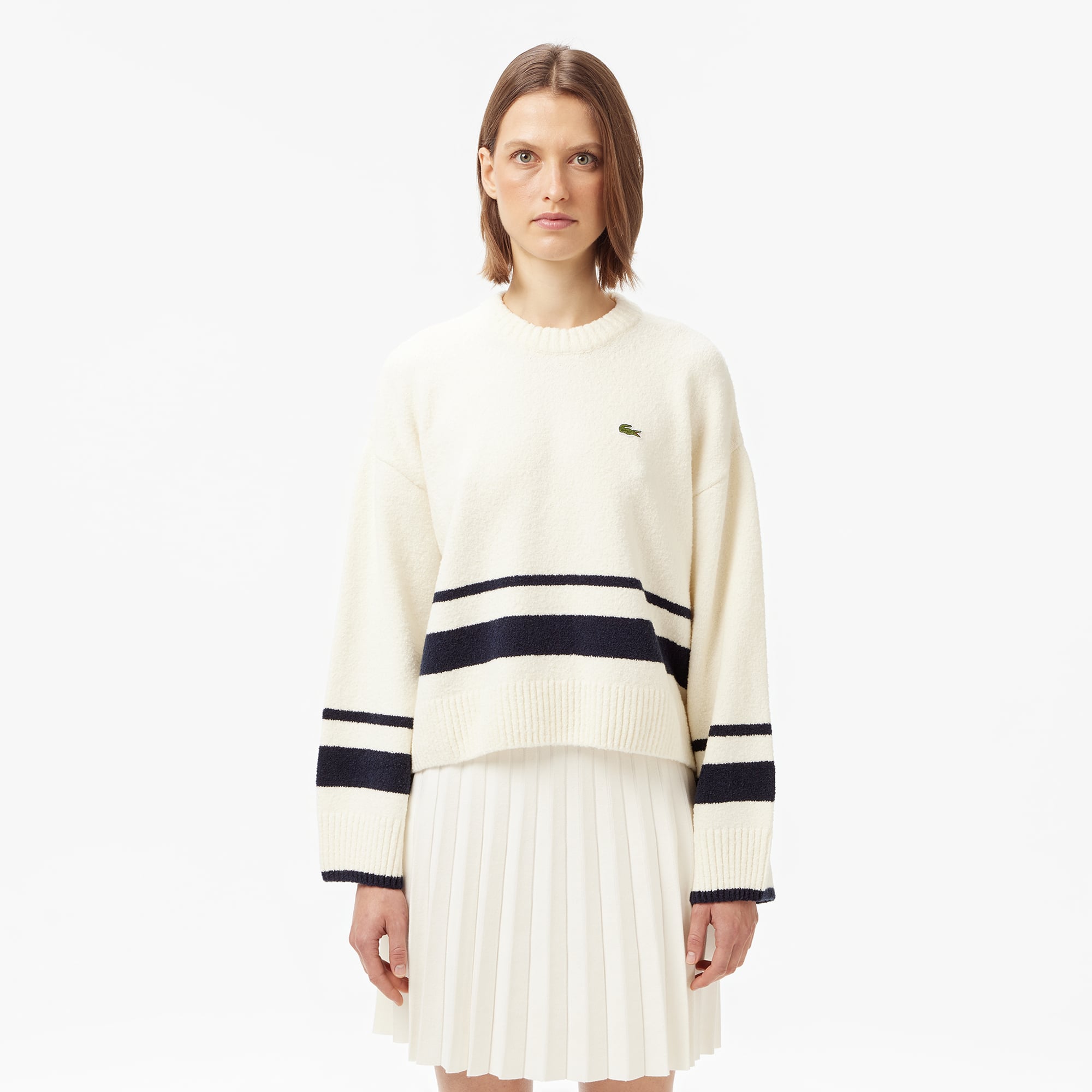 Kadın Loose Fit Bisiklet Yaka Çizgili Krem Kazak