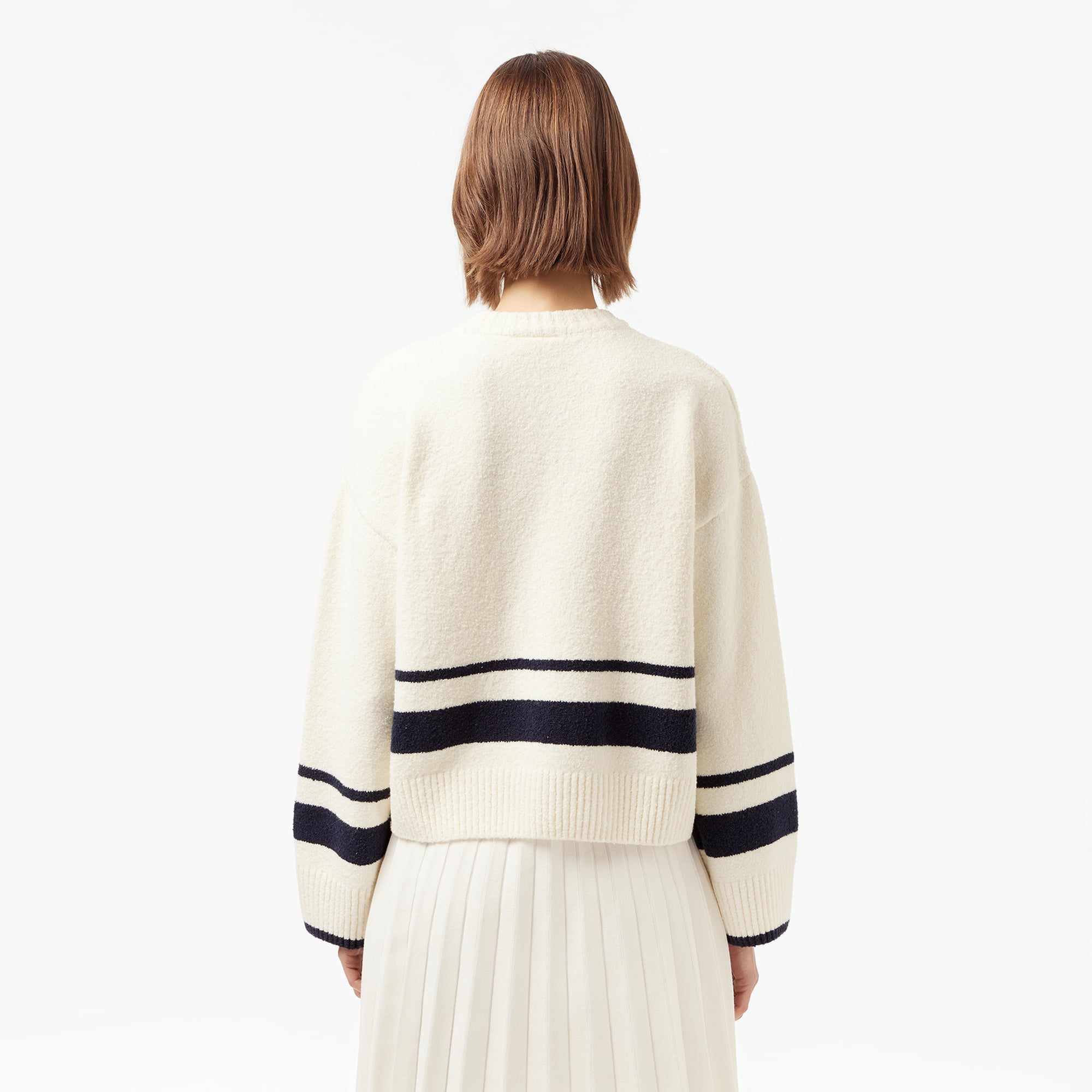 Kadın Loose Fit Bisiklet Yaka Çizgili Krem Kazak