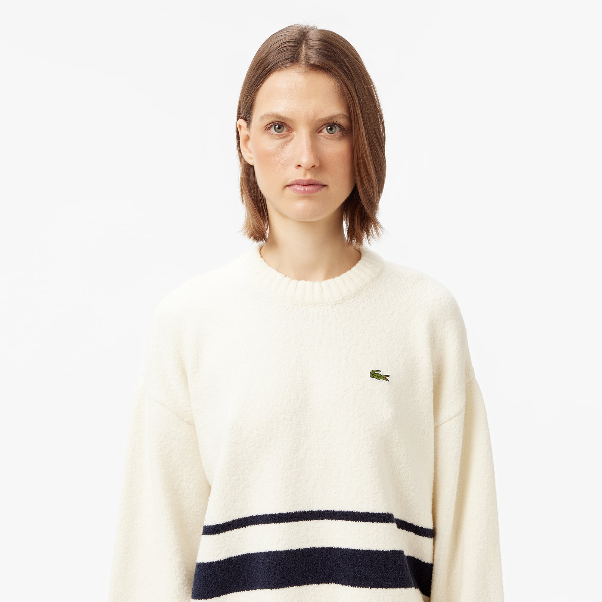 Kadın Loose Fit Bisiklet Yaka Çizgili Krem Kazak