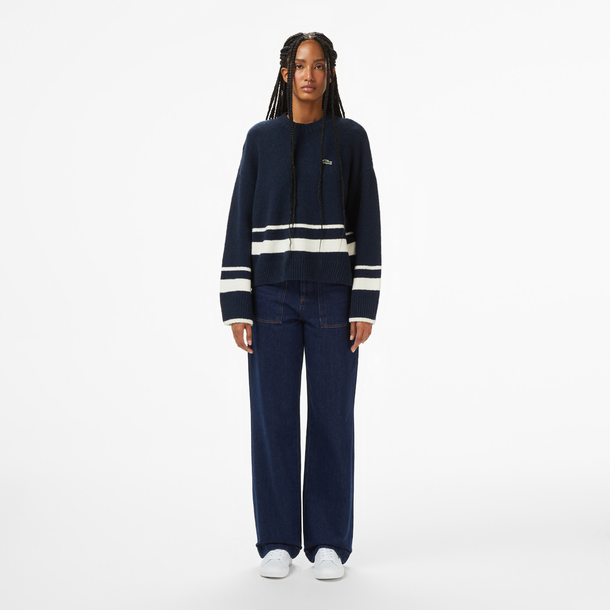 Kadın Loose Fit Bisiklet Yaka Çizgili Lacivert Kazak