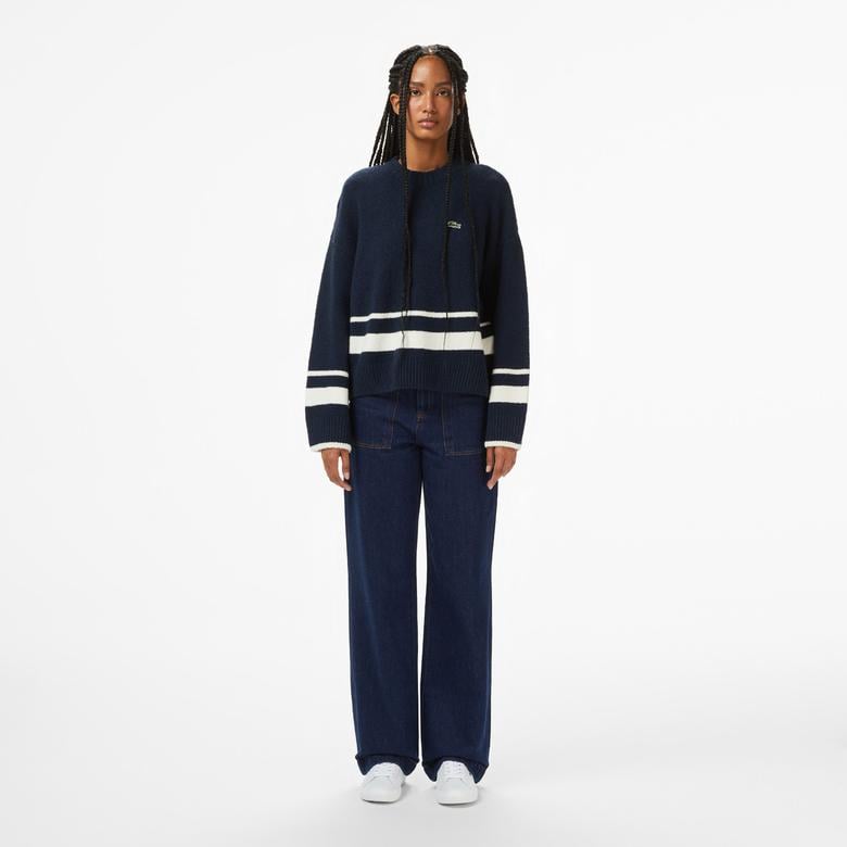 Kadın Loose Fit Bisiklet Yaka Çizgili Lacivert Kazak