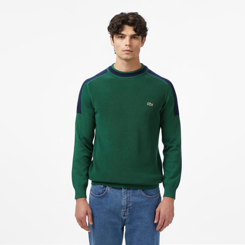 Erkek Classic Fit Bisiklet Yaka Renk Bloklu Yeşil Kazak