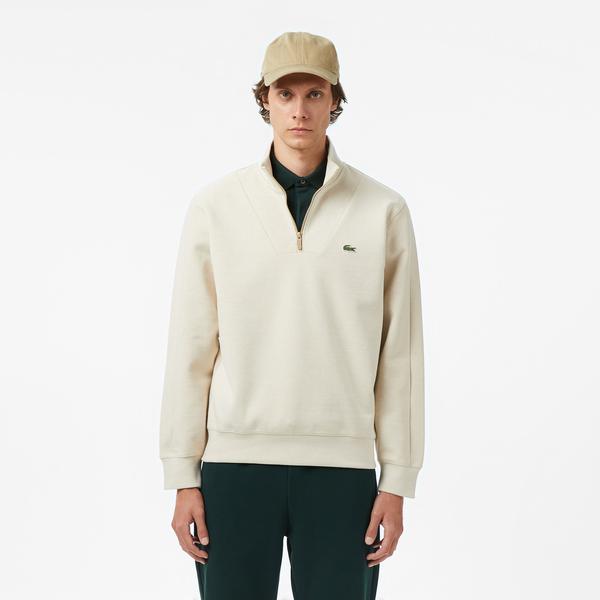 Erkek Classic Fit Yarım Fermuarlı Krem Sweatshirt