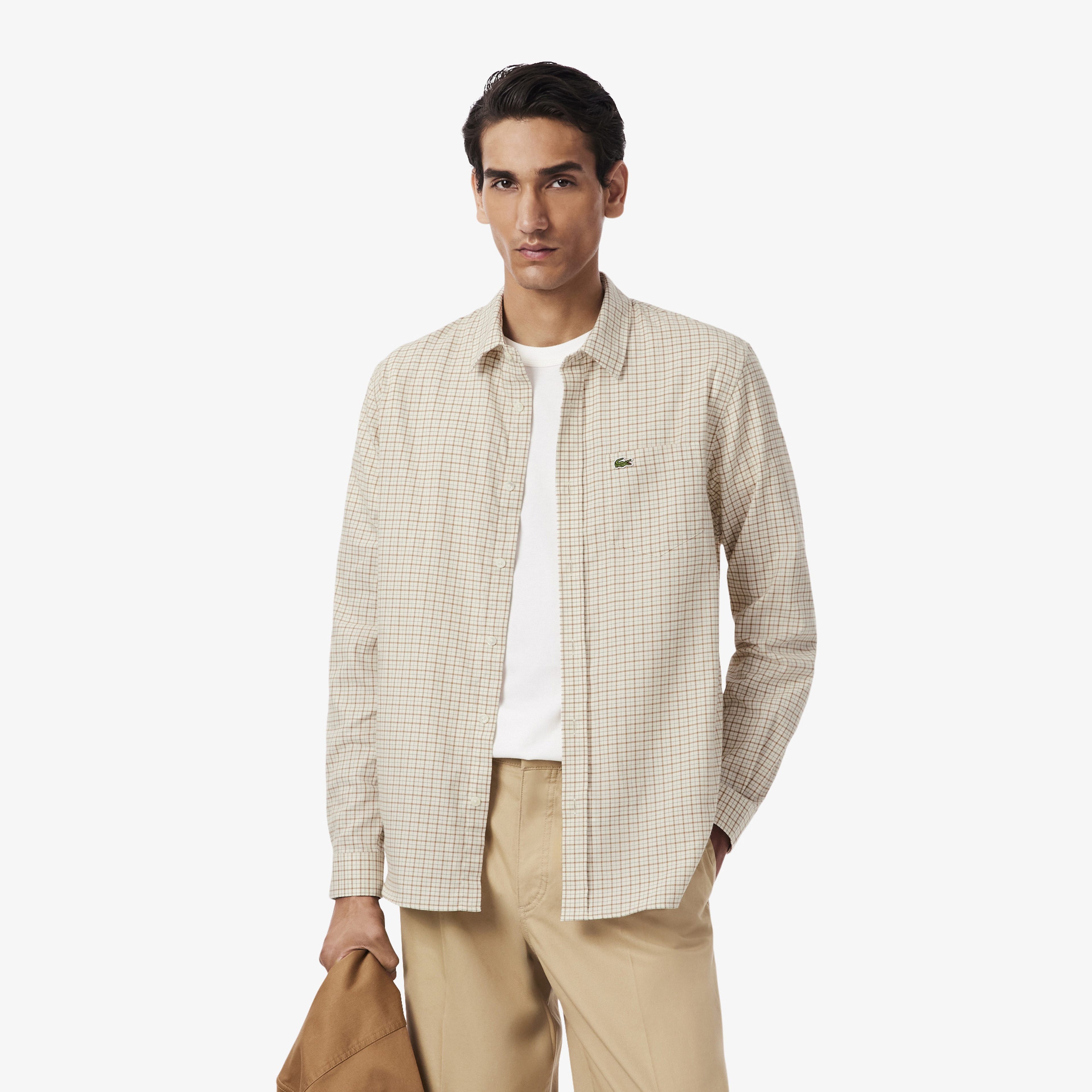 Erkek Regular Fit Kareli Krem Gömlek