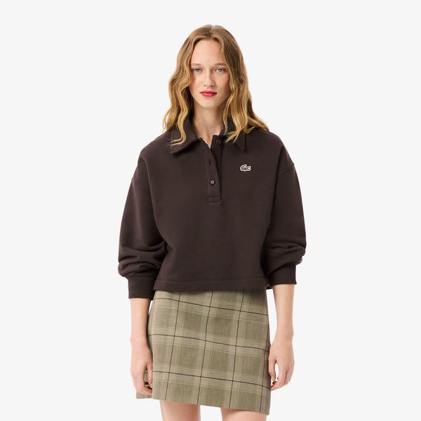 Kadın Oversize Fit Polo Yaka Kahverengi Sweatshirt