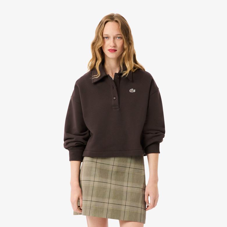 Kadın Oversize Fit Polo Yaka Kahverengi Sweatshirt