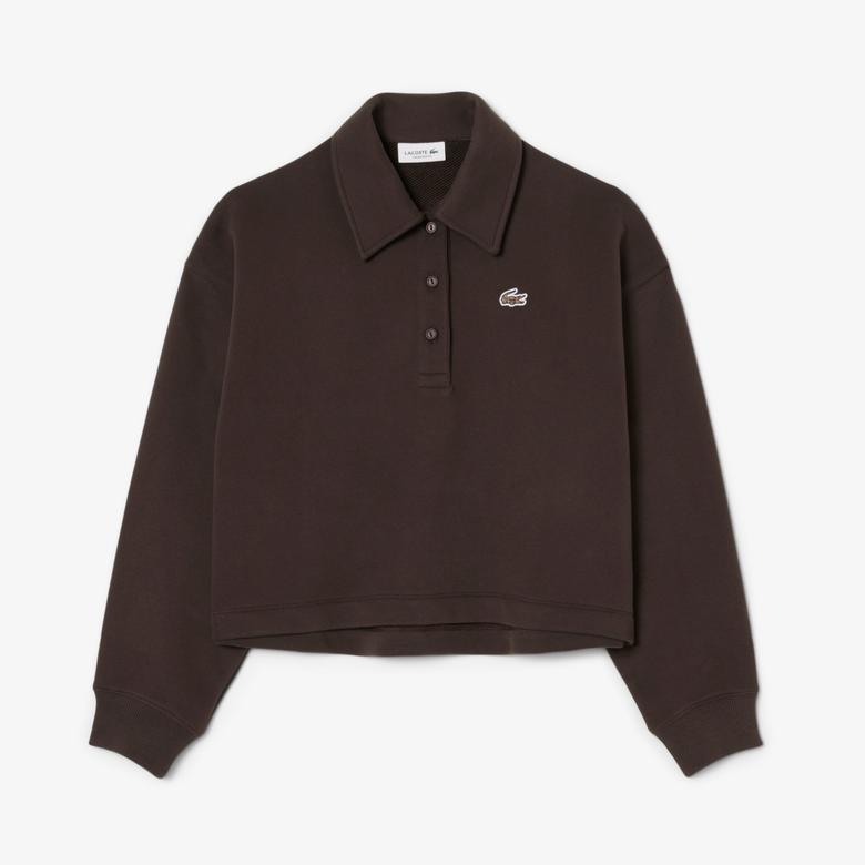 Kadın Oversize Fit Polo Yaka Kahverengi Sweatshirt