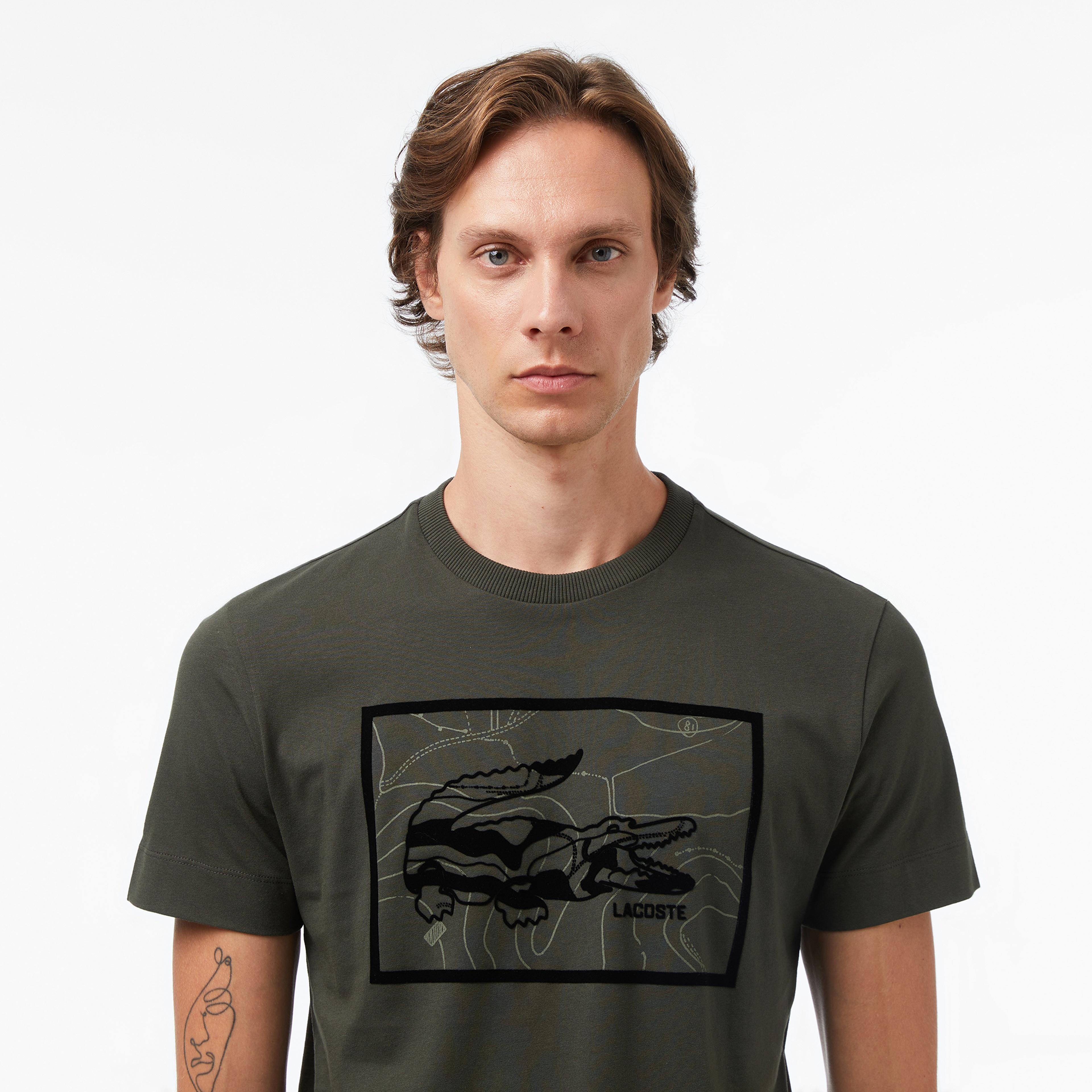 Erkek Bisiklet Yaka Baskılı Haki T-Shirt