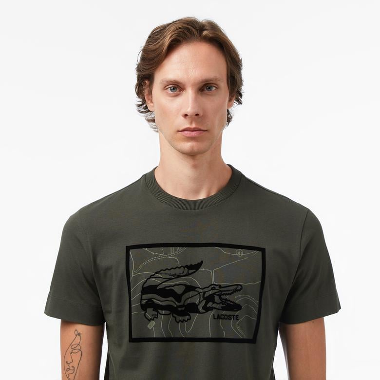 Erkek Bisiklet Yaka Baskılı Haki T-Shirt