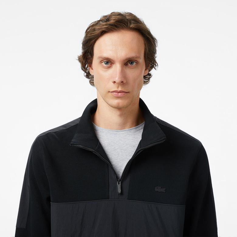 Erkek Classic Fit Yarım Fermuarlı Siyah Sweatshirt
