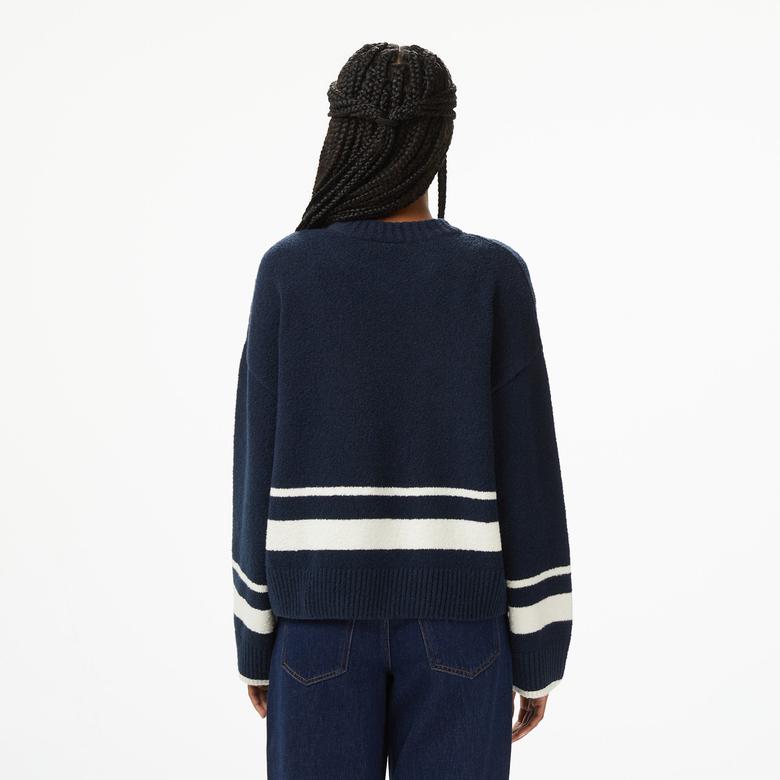 Kadın Loose Fit Bisiklet Yaka Çizgili Lacivert Kazak