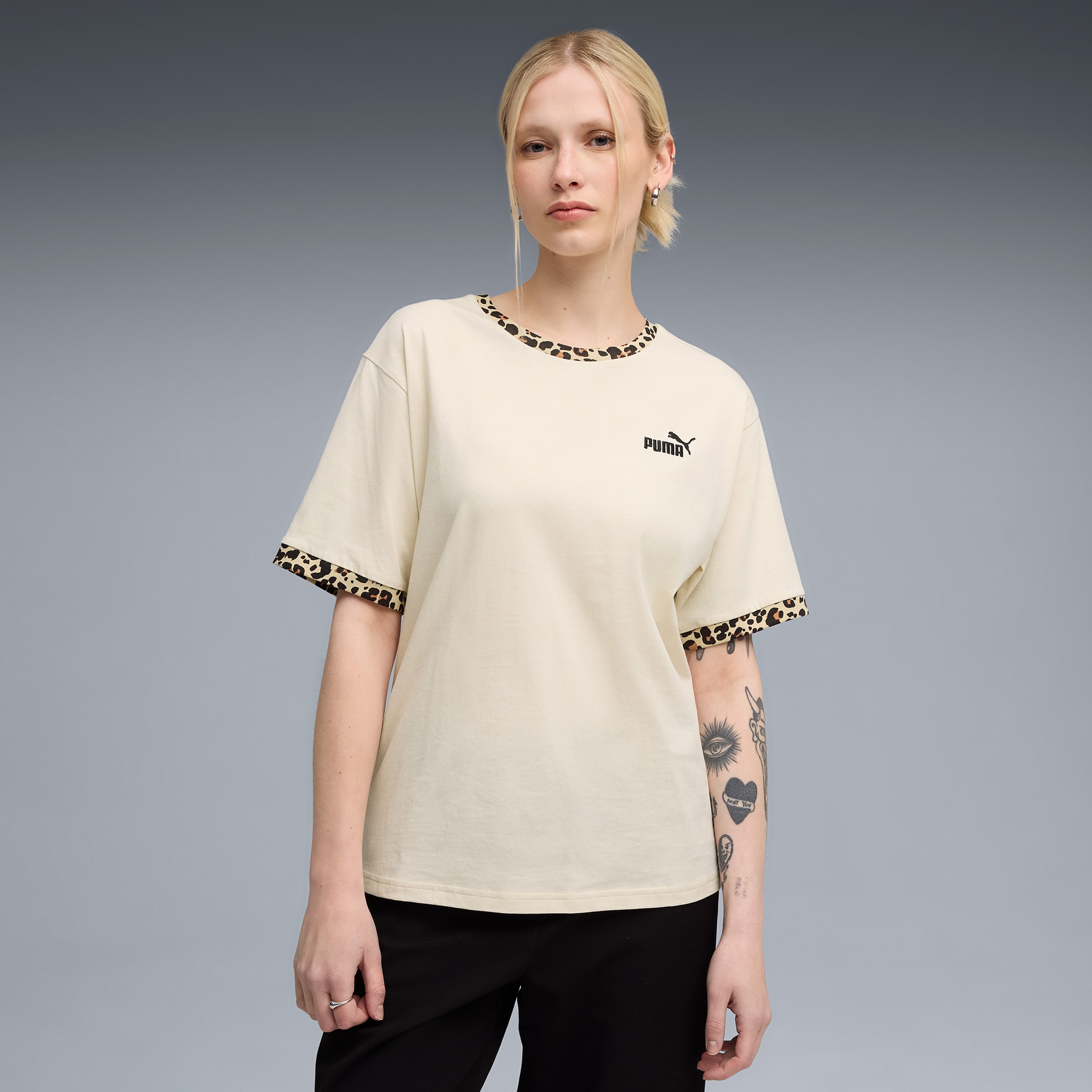 Puma Essentials Animal Print Kadın Krem T-Shirt