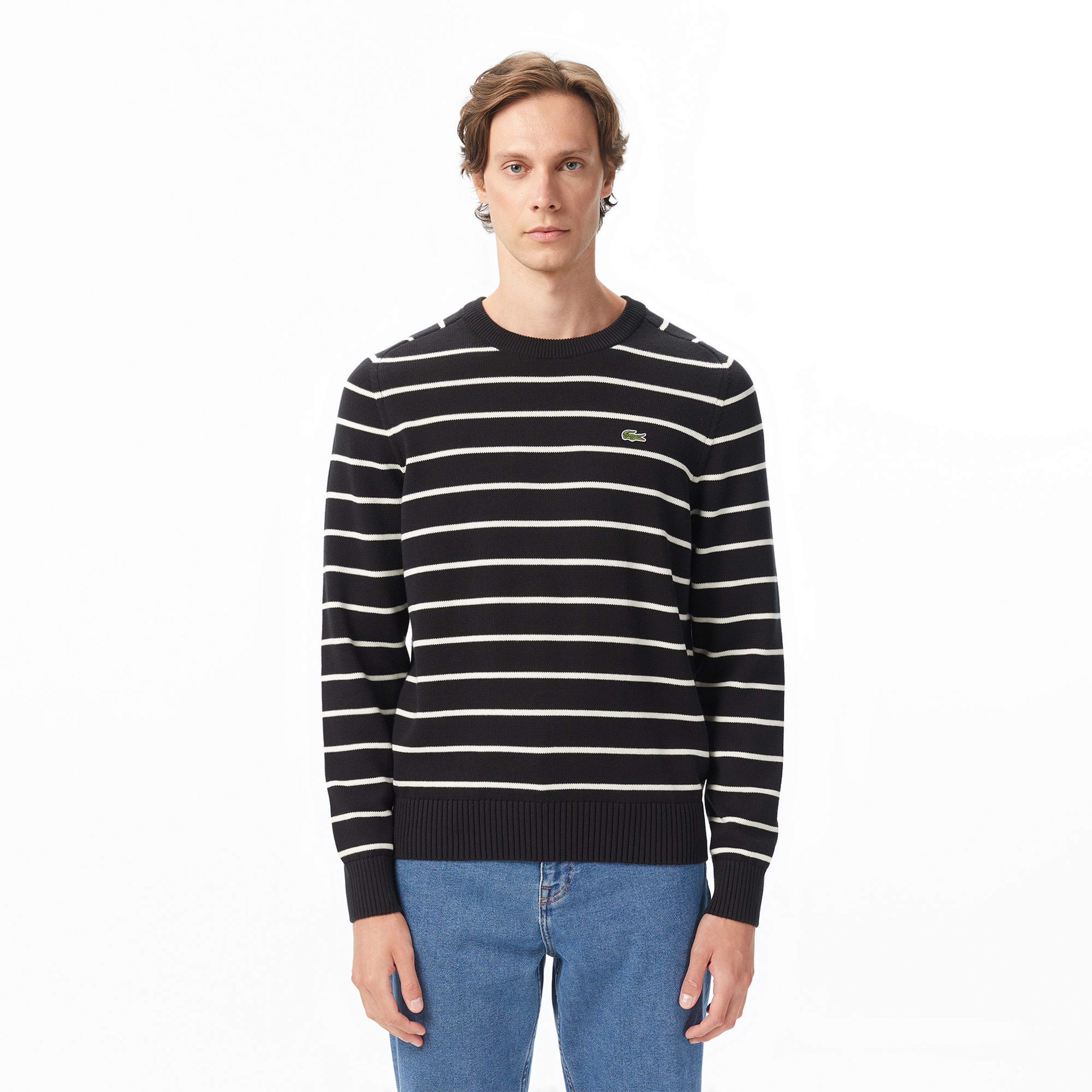 Erkek Classic Fit Bisiklet Yaka Çizgili Siyah Kazak