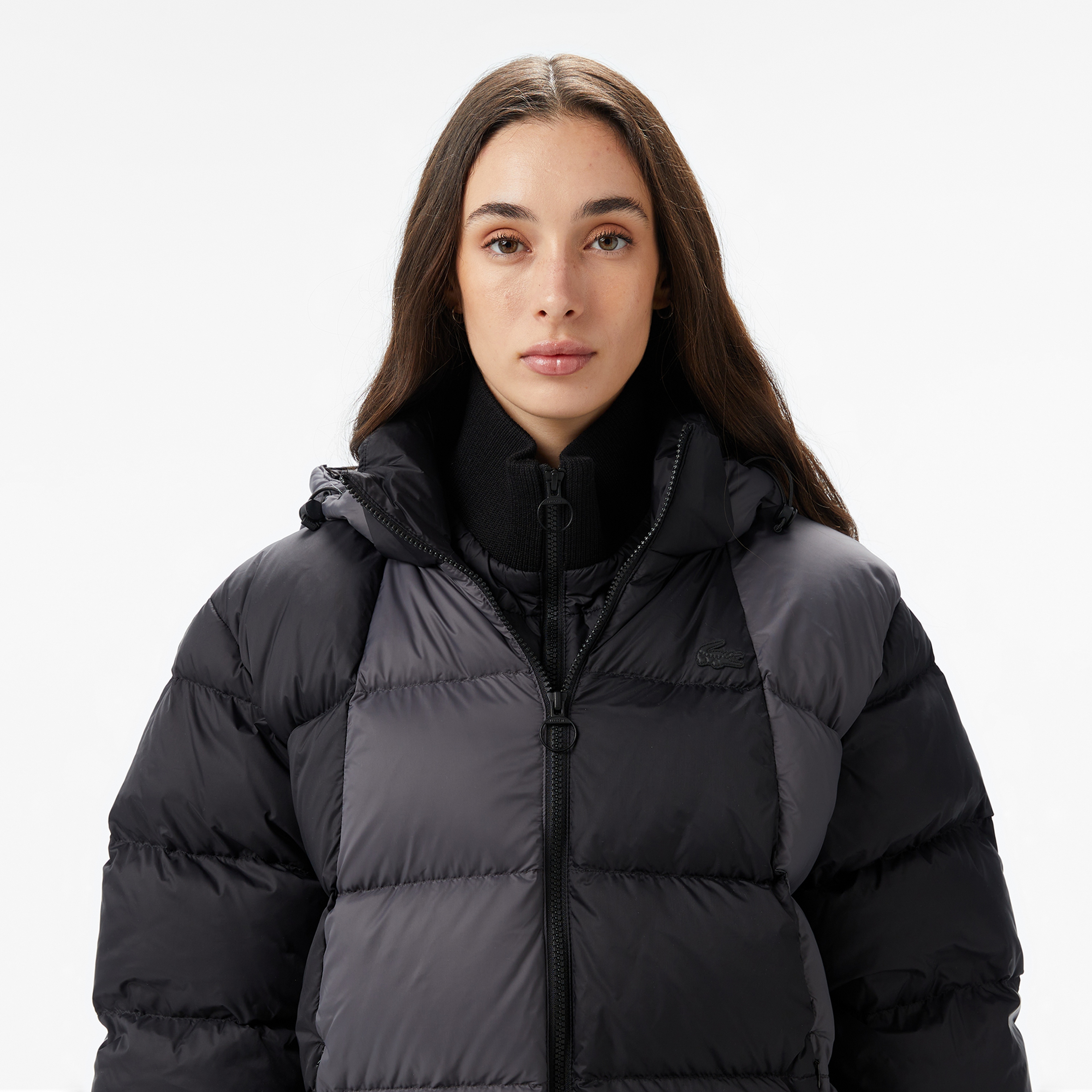 Kadın Kapüşonlu Renk Bloklu Siyah Mont