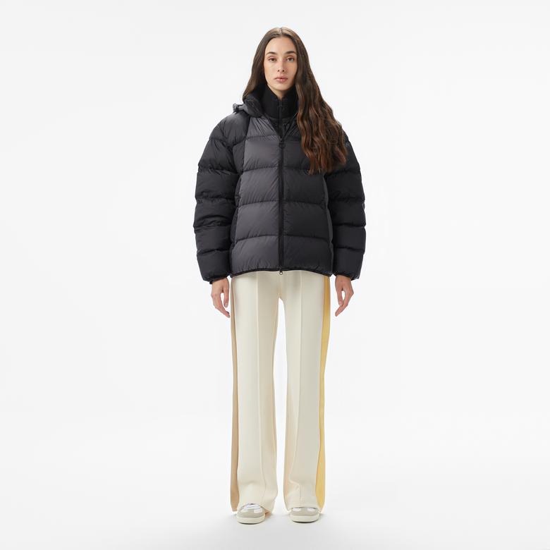 Kadın Kapüşonlu Renk Bloklu Siyah Mont