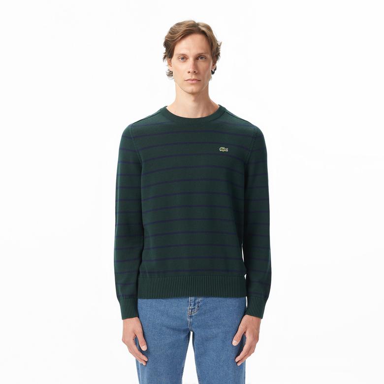 Erkek Classic Fit Bisiklet Yaka Çizgili Yeşil Kazak