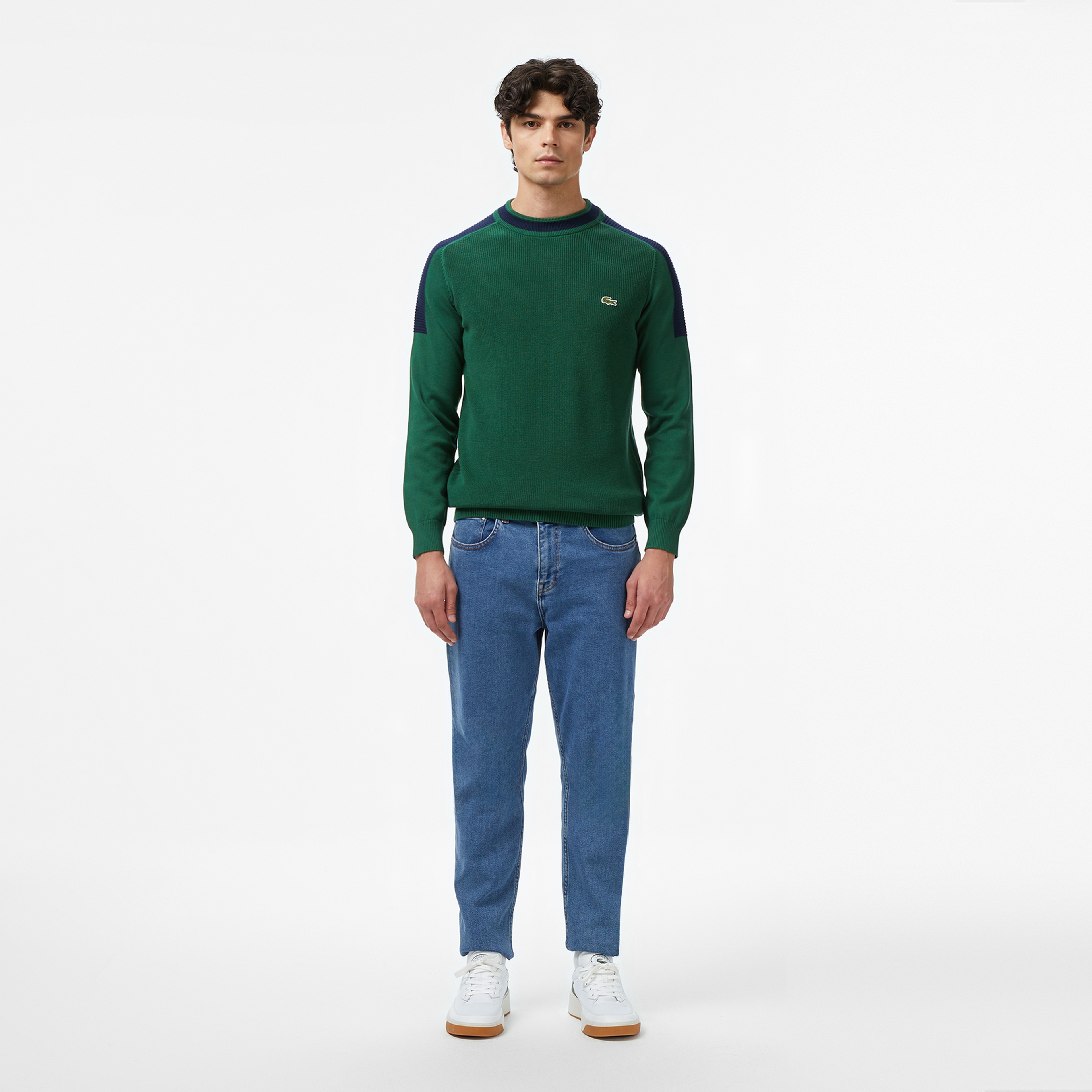 Erkek Classic Fit Bisiklet Yaka Renk Bloklu Yeşil Kazak