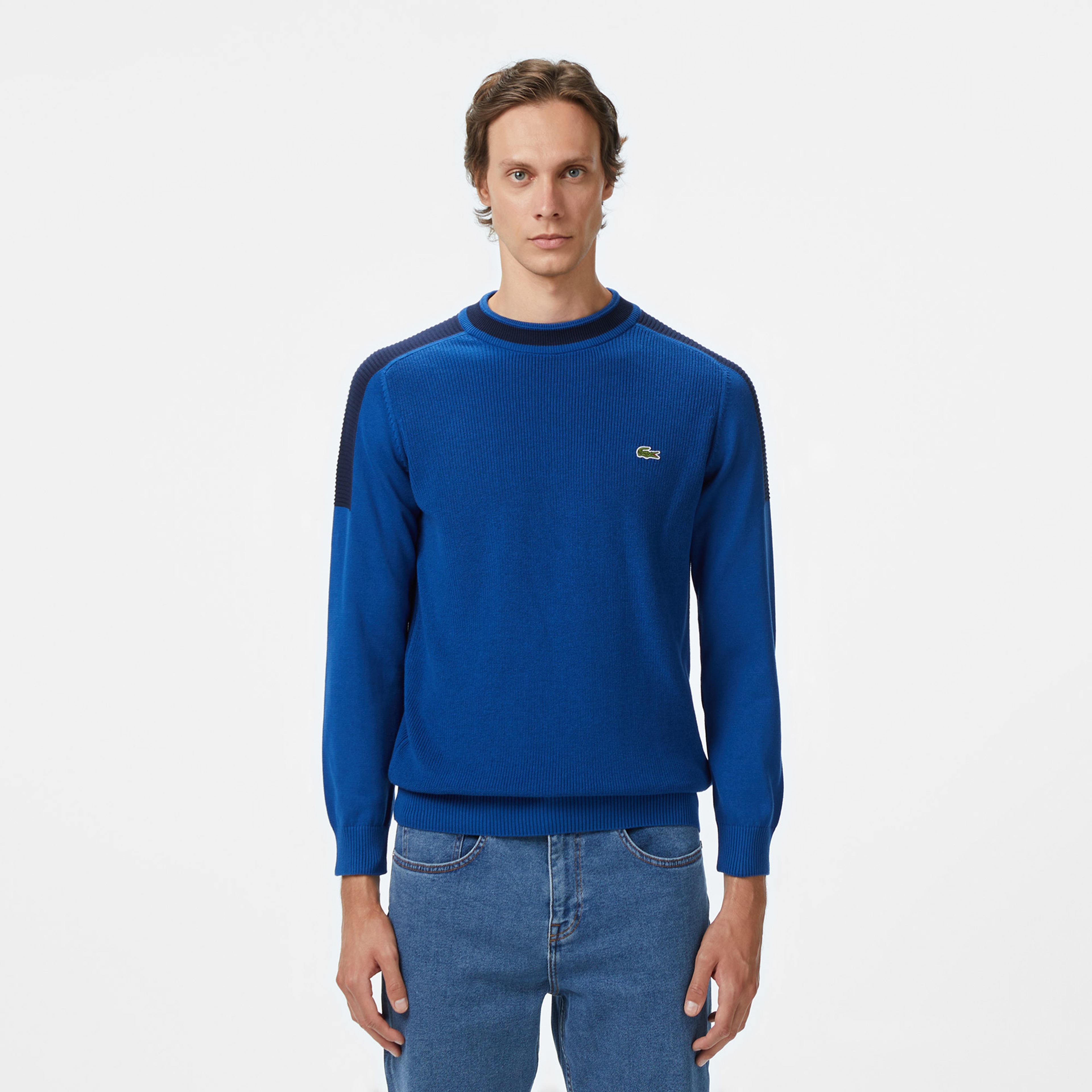 Erkek Classic Fit Bisiklet Yaka Renk Bloklu Mavi Kazak