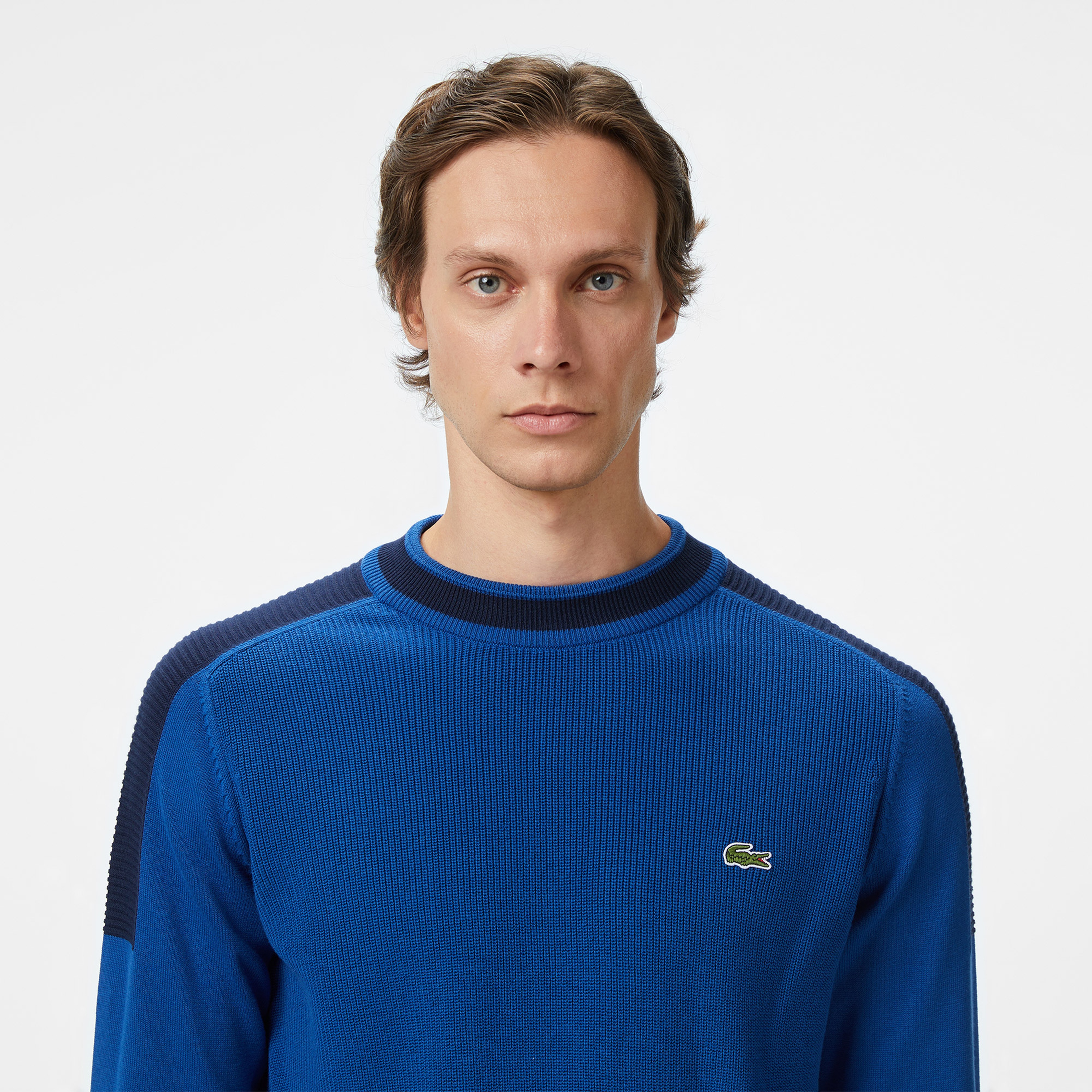 Erkek Classic Fit Bisiklet Yaka Renk Bloklu Mavi Kazak