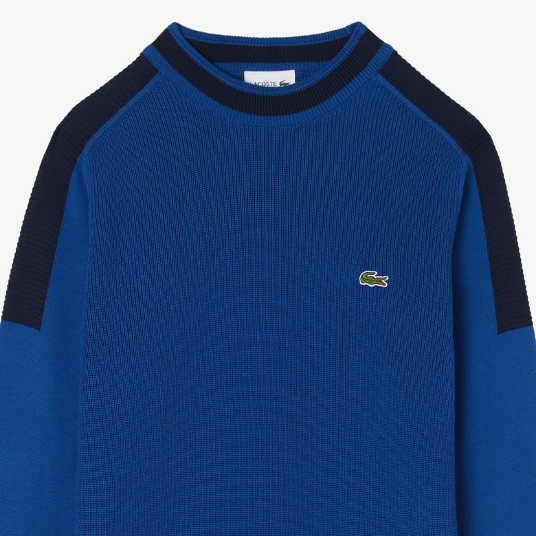 Erkek Classic Fit Bisiklet Yaka Renk Bloklu Mavi Kazak