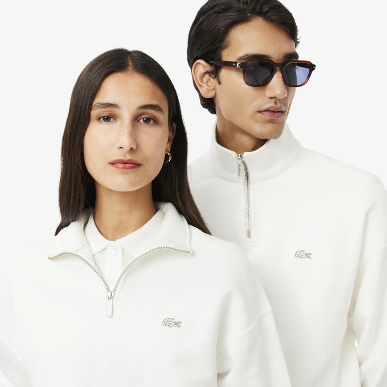 Lacoste Heavy Fleece Zipper Neck Unisex Beyaz Sweatshirt