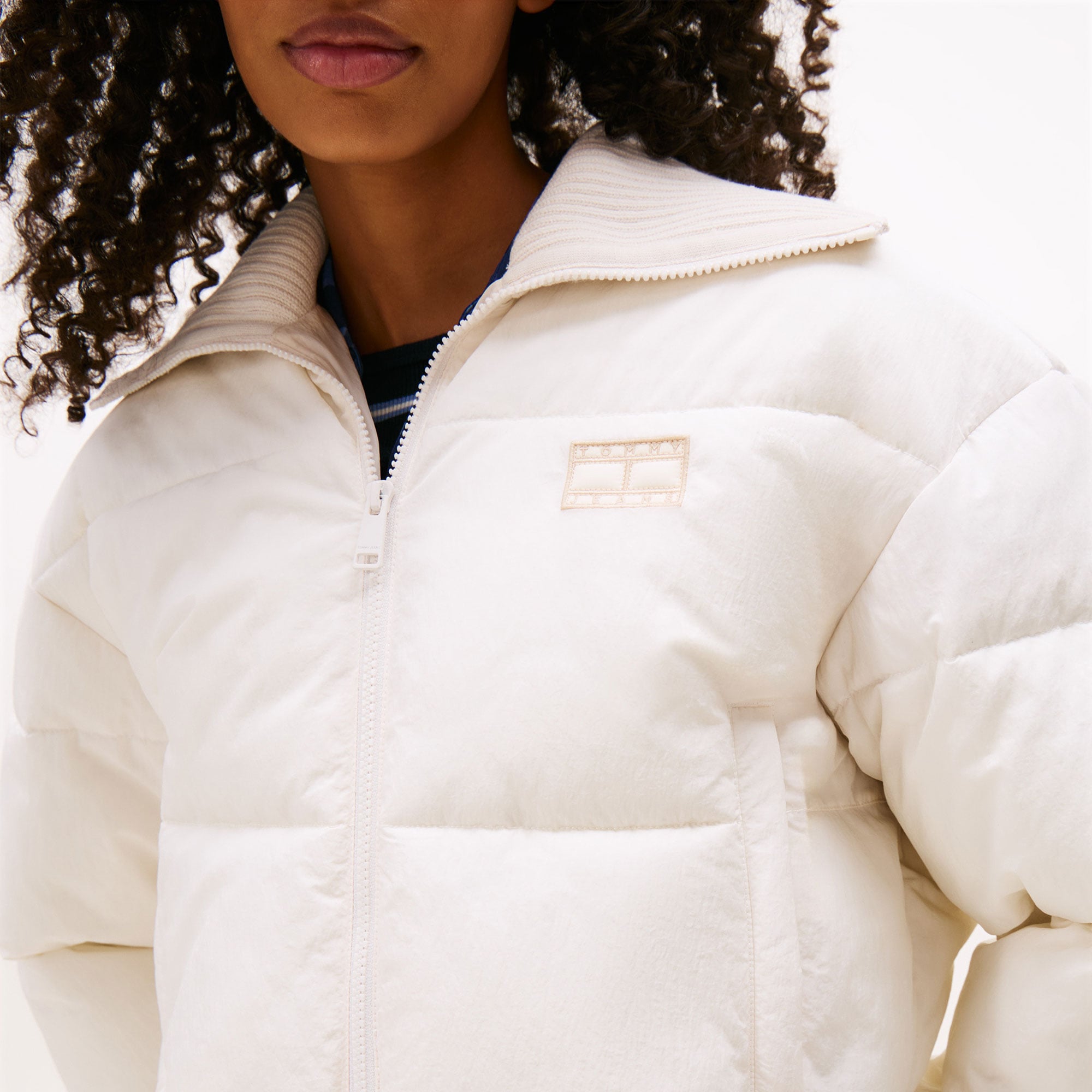 Tommy Hilfiger Crop Ribbed Detail Puffer Kadın Beyaz Mont