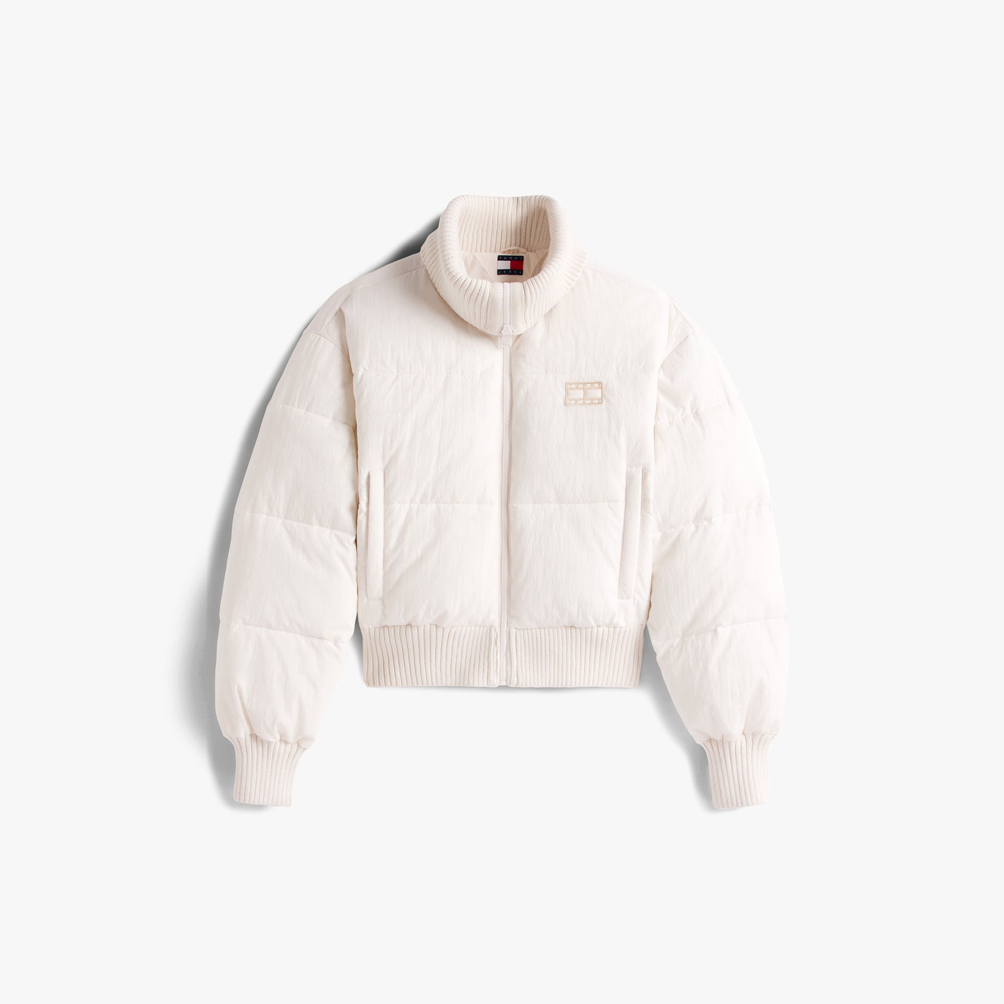 Tommy Hilfiger Crop Ribbed Detail Puffer Kadın Beyaz Mont