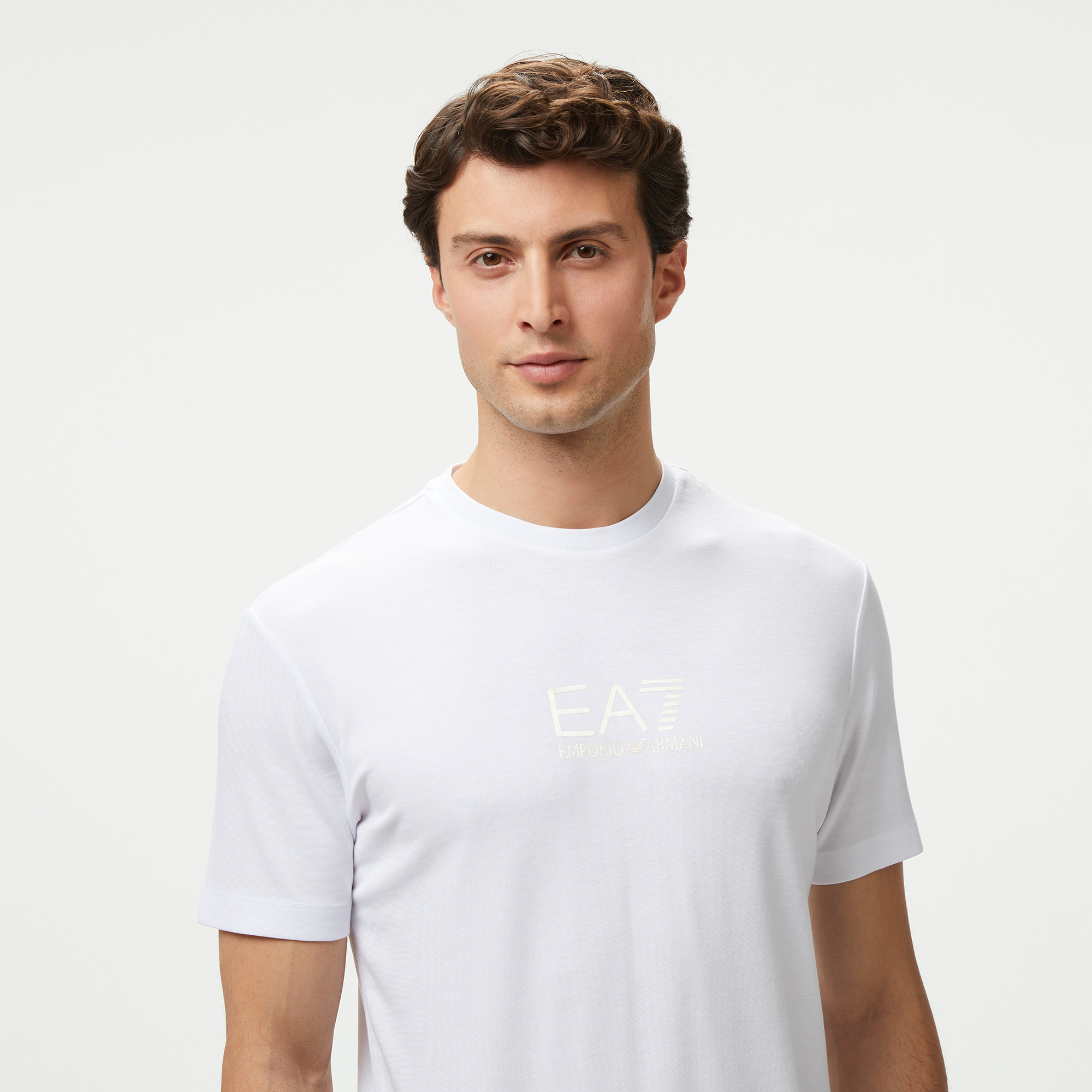 EA7 Erkek Beyaz Bisiklet Yaka T-Shirt