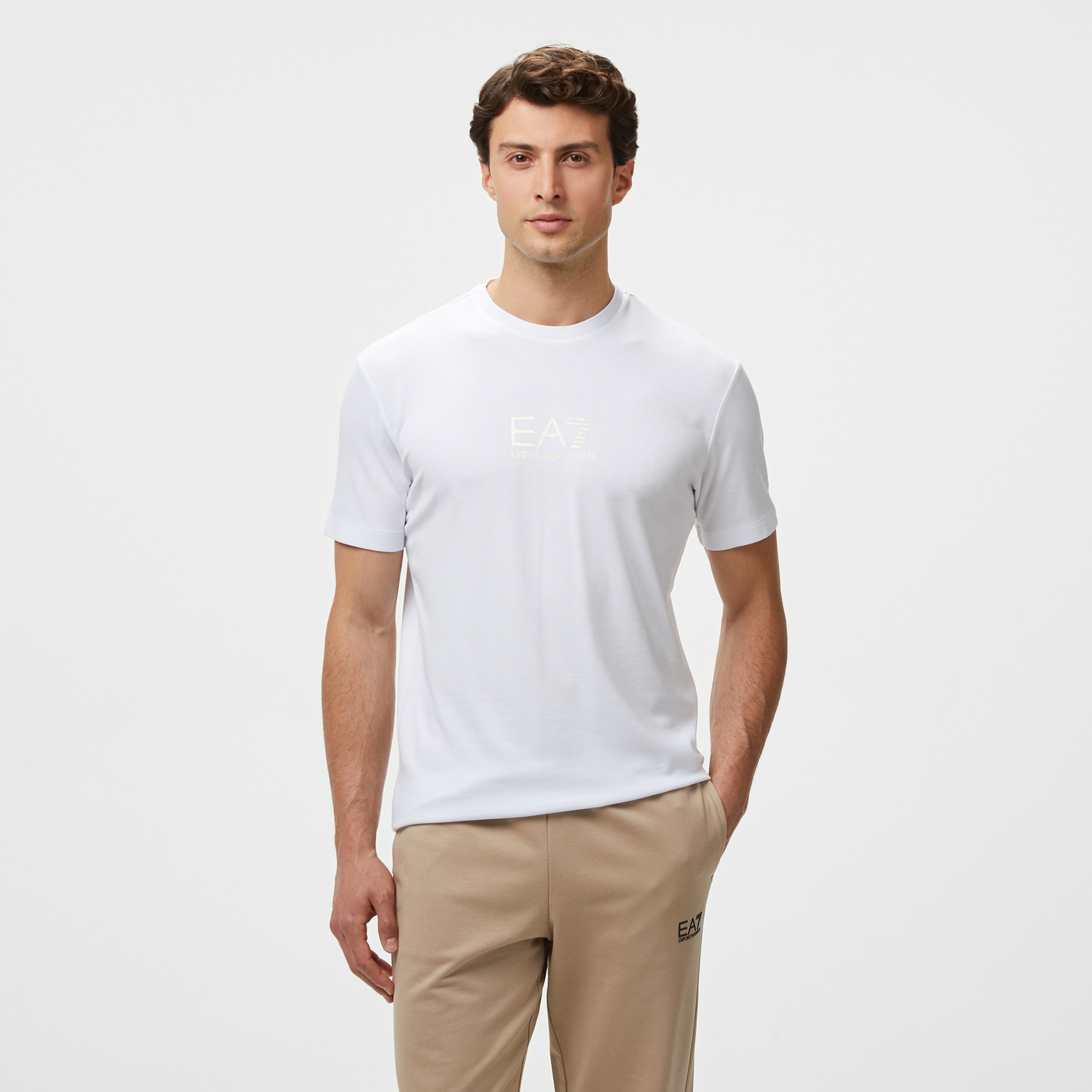 EA7 Erkek Beyaz Bisiklet Yaka T-Shirt