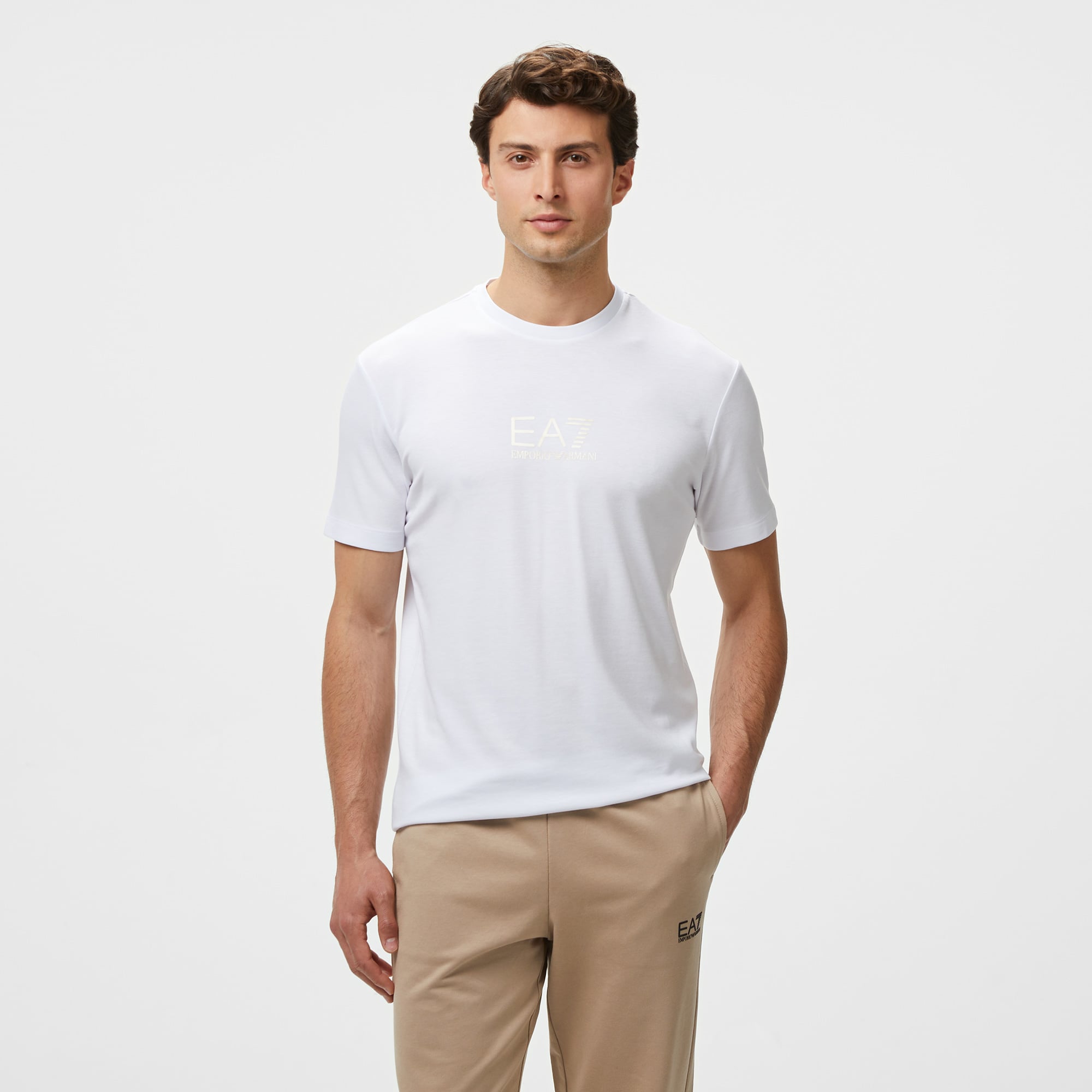 EA7 Erkek Beyaz Bisiklet Yaka T-Shirt