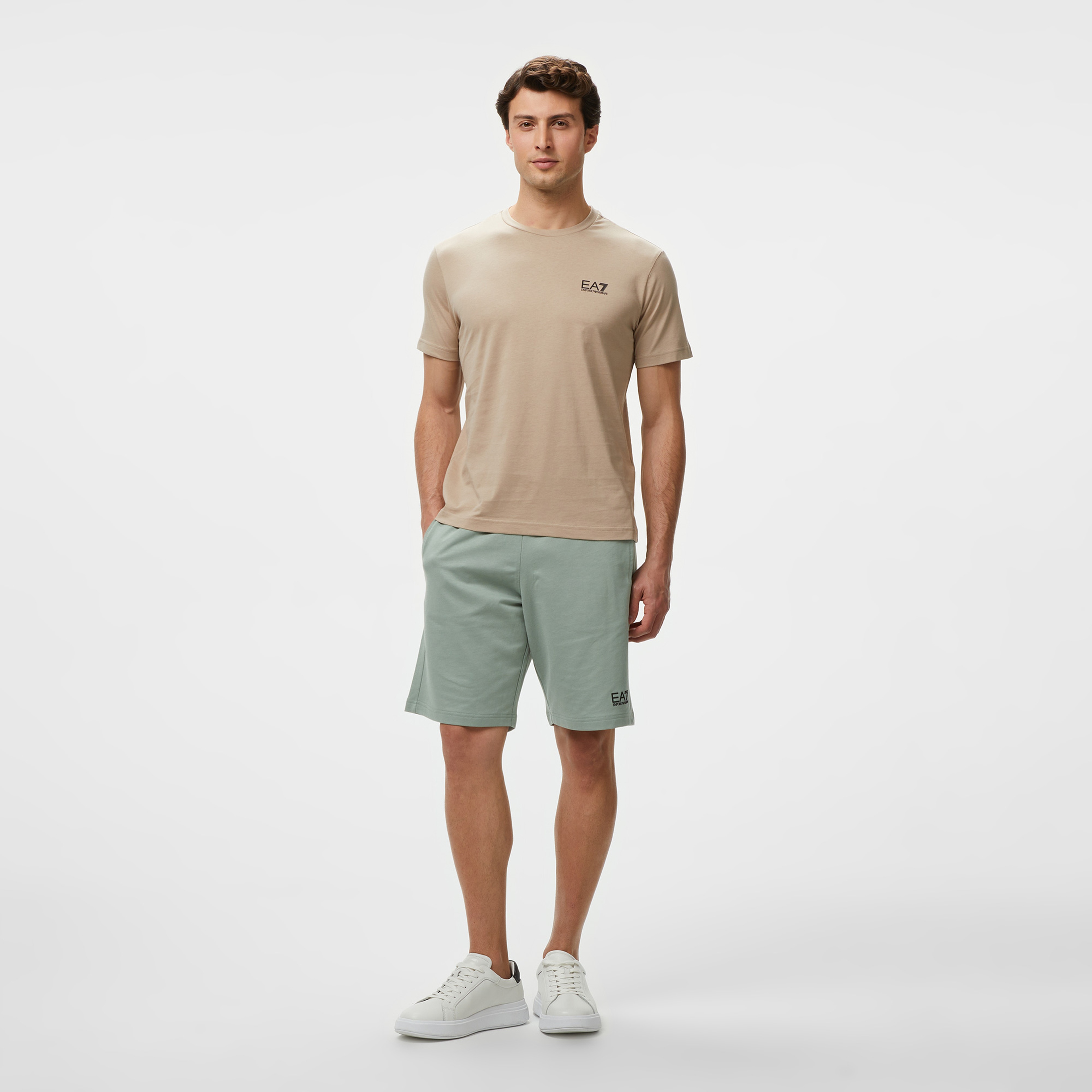 EA7 Erkek Bej Bisiklet Yaka T-Shirt