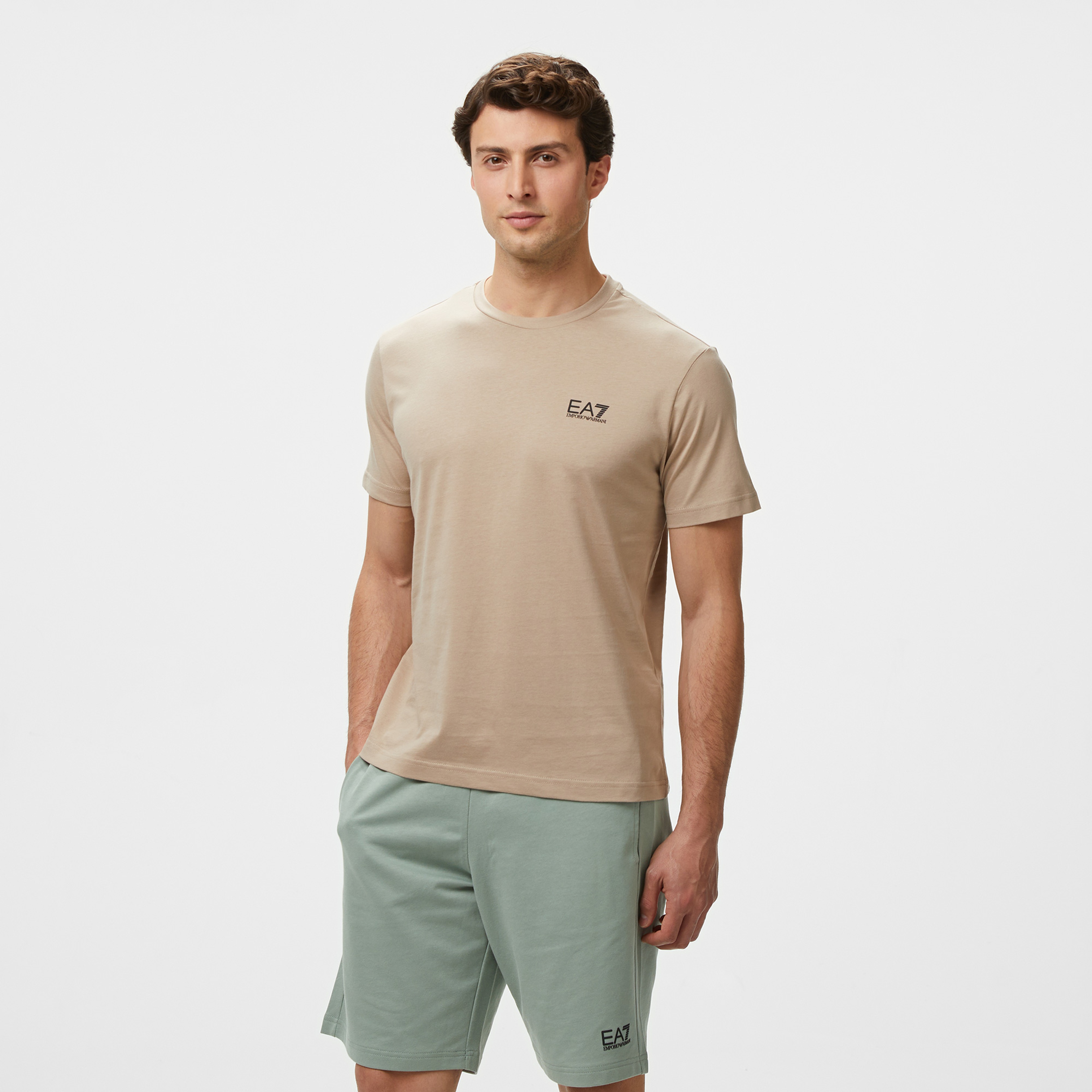 EA7 Erkek Bej Bisiklet Yaka T-Shirt